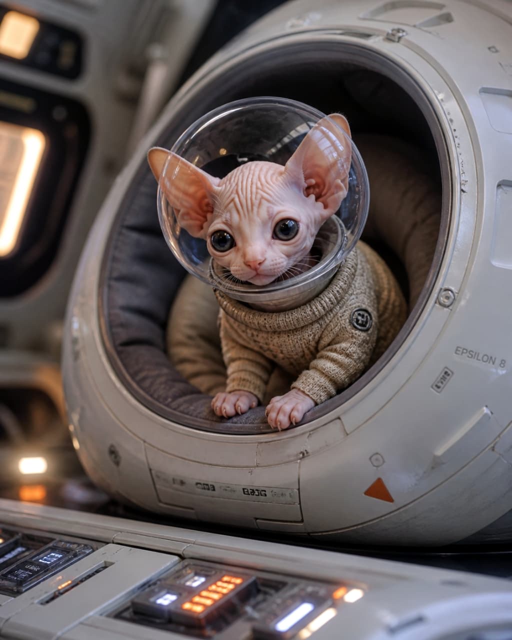 「専用の宇宙ポッドからこんにちは👽🐾 セーター姿と大きな瞳がたまらない可愛さ！ #スフィンクス #宇宙旅行」Ultra-realistic high-quality photograph of a Sphynx cat wearing a knitted sweater and a clear space helmet, looking out with large eyes from a white capsule bed inside a spaceship. ニットのセーターを着たスフィンクス猫が、透明な宇宙ヘルメットを被り、宇宙船内の白いカプセル型ベッドから大きな瞳でこちらを見つめる超高画質な実写風画像