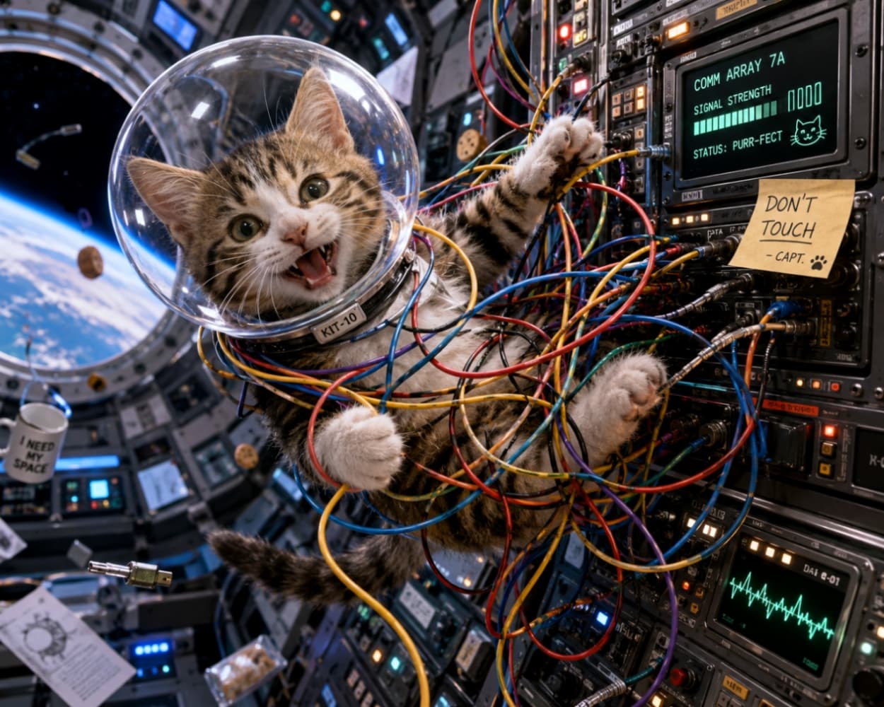 「大変ニャ！配線で遊んでたら絡まっちゃった〜！😹 宇宙船のハプニングも可愛さでカバー💕🚀 #無重力猫 #キジトラ #やんちゃ猫」Ultra-realistic high-quality photograph of a playful tabby kitten wearing a space helmet, floating in zero gravity and tangled in colorful cables inside a spaceship cockpit, with Earth visible through the window and detailed control panels. 宇宙船のコックピット内で、透明なヘルメットを被ったキジトラの子猫が無重力状態で浮かび、カラフルな配線ケーブルに絡まって楽しそうに口を開けている、超高画質でリアルな写真。背景の窓からは地球が見え、計器類やユーモアのある付箋が細かく描写されている