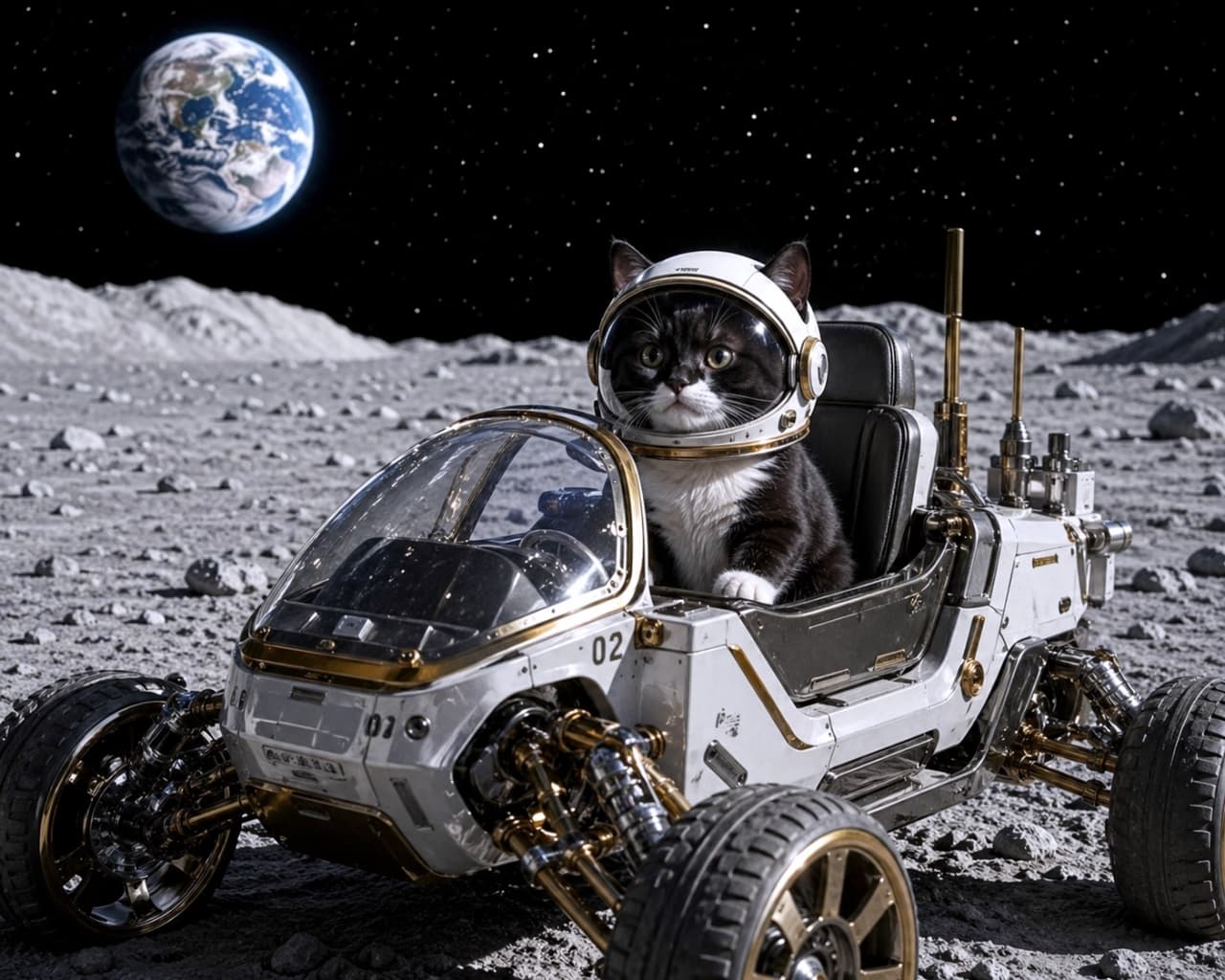 「月面ドライブへ出発進行！🌕🚙 背景に浮かぶ青い地球がとっても綺麗だにゃ🌍✨ #月面探査 #ハチワレ部」Ultra-realistic high-quality photograph of a tuxedo cat wearing a helmet driving a white futuristic lunar rover on the surface of the moon, with the blue Earth in the background. 月面で、ヘルメットを被ったハチワレ猫が白い未来的な月面探査車（バギー）を運転している超高画質な実写風画像。漆黒の宇宙の背景には青い地球が浮かんでいる