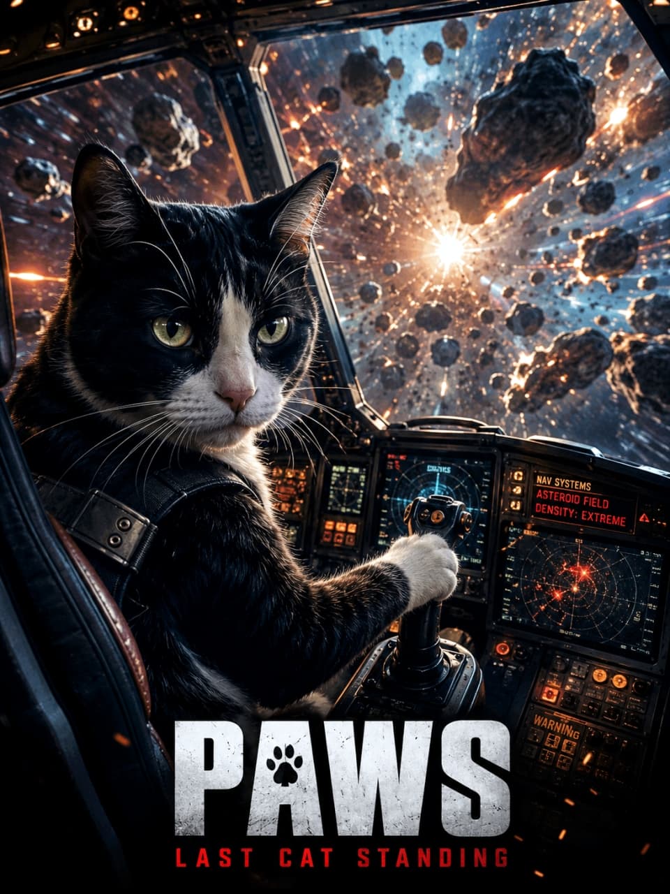 「全米が泣いた！？😹 宇宙を駆けるハチワレ猫の大スペクタクル映画、近日公開（嘘）🎥✨ #映画ポスター風 #猫ミーム」Ultra-realistic high-quality photograph of a tuxedo cat piloting a spaceship, styled as a movie poster with the bold text "PAWS LAST CAT STANDING" at the bottom. 宇宙船のコックピットで隕石群を操縦するハチワレ猫の超高画質な実写風画像。下部には映画ポスターのように「PAWS LAST CAT STANDING」という重厚なタイトルロゴが配置されている