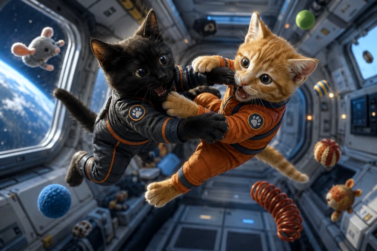 「ここは無重力のアミューズメントパークにゃ！🚀✨おもちゃと一緒にふわふわ浮かびながら遊ぶ仲良し子猫コンビ🐱🐱」Ultra-realistic high-quality photograph of a black kitten and a ginger kitten playfully wrestling while floating in zero gravity inside a spaceship, surrounded by floating toys. 宇宙船の無重力空間で、黒猫と茶トラの子猫がおもちゃと一緒に宙に浮きながら楽しそうに取っ組み合いをして遊んでいるリアルな写真