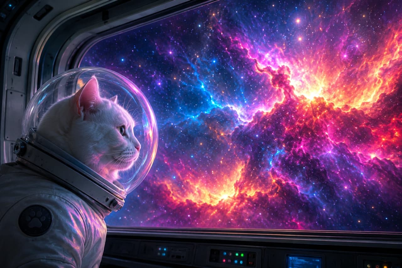 「宇宙ってこんなにカラフルで綺麗なんだにゃ…🌌 ロマンチックな星雲にうっとり✨ #星雲 #白」Ultra-realistic high-quality photograph of a white cat's profile in a space helmet, looking at a magnificent, brightly colored pink and purple nebula through a window. ヘルメットを被った白猫が、窓の外に広がるピンクや紫に輝く壮大な星雲を見つめている横顔の高画質写真