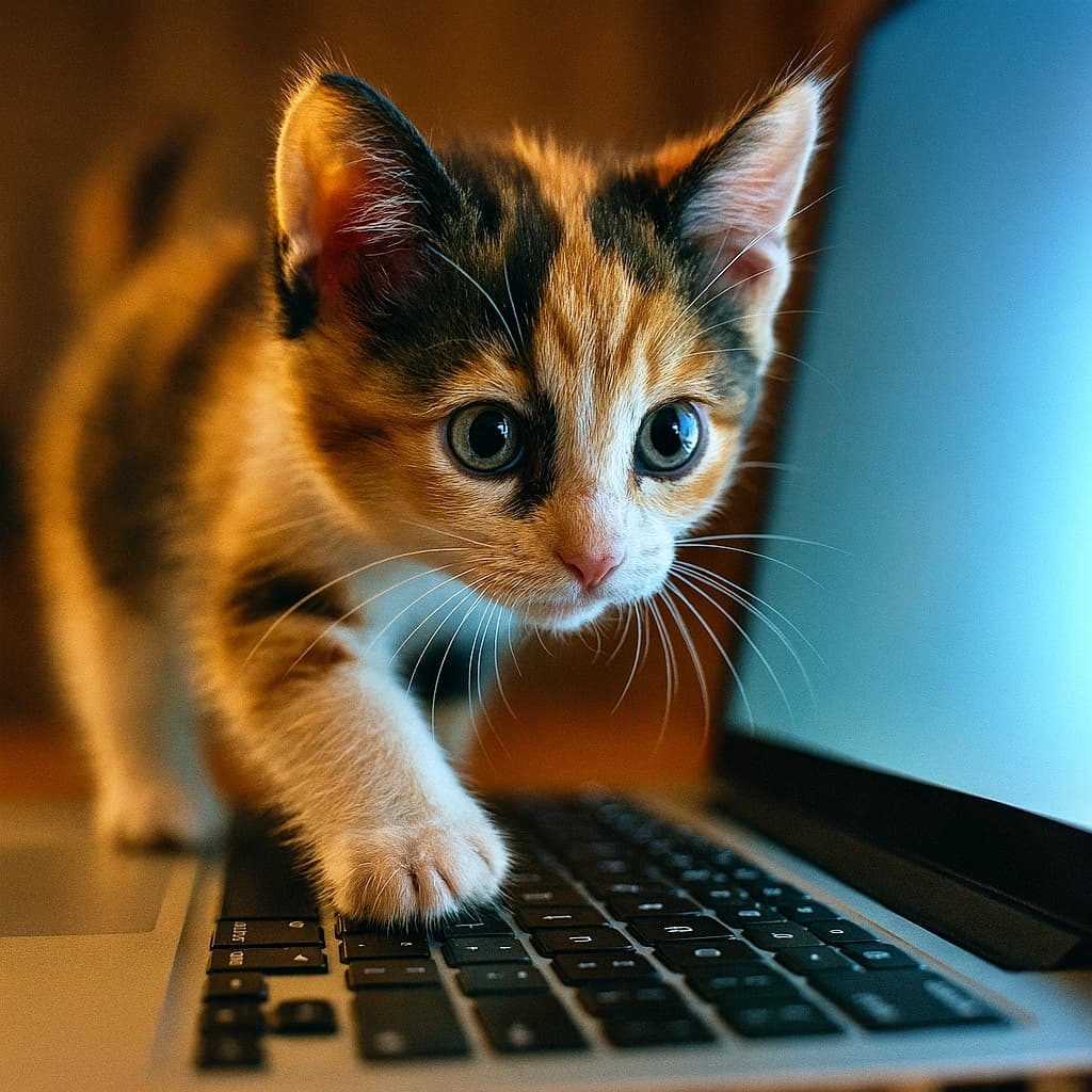 「「このキーを押したらどうなるニャ？」🖥️ ノートパソコンの画面を凝視する三毛猫の子猫。好奇心いっぱいのお手伝い🐾✨」A high-quality close-up photograph of a calico kitten sitting on a laptop, with one of its small paws on the keyboard. The kitten's wide, round eyes intensely stare at the blue, glowing laptop screen, reflecting the light. It captures a charming moment of curiosity and exploration. 超高画質な接写写真。青く光るノートパソコンの画面の前で、三毛猫の子猫がキーボードの上に右前足を乗せ、画面を大きく丸い目で見つめている。好奇心いっぱいの表情で、画面の青い光が子猫の毛並みと目を照らしている情景