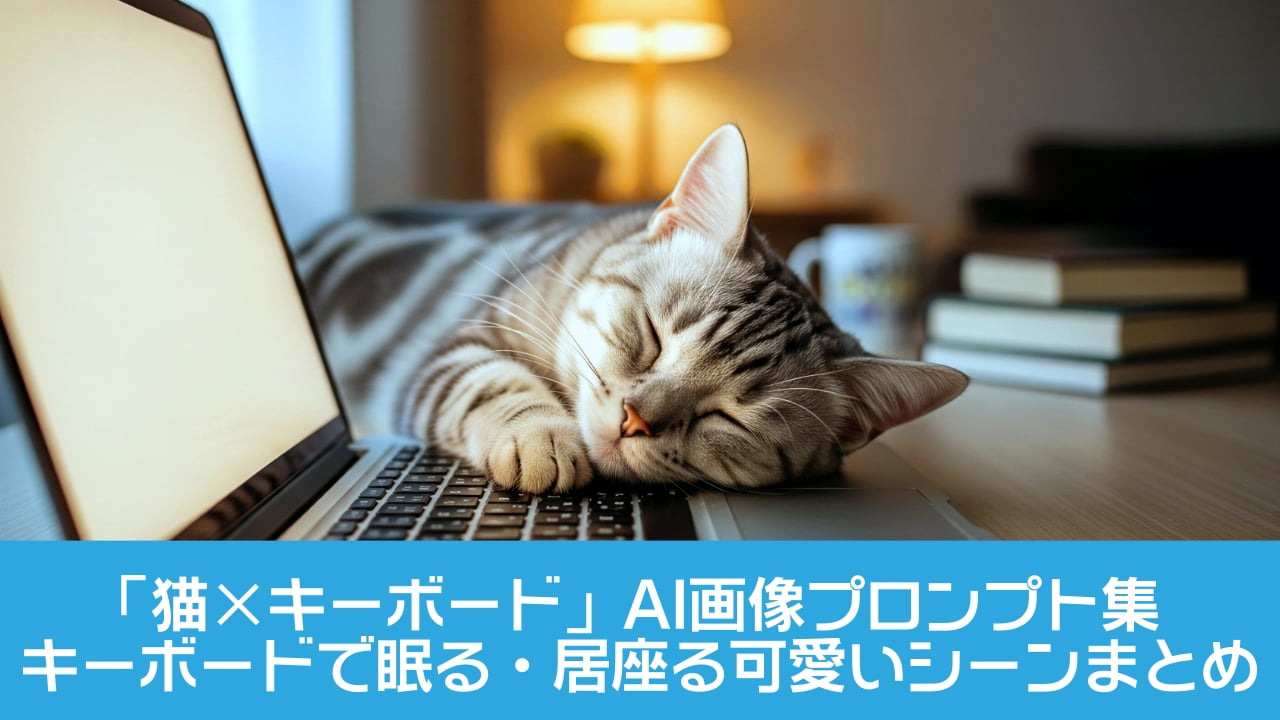 「仕事の邪魔をするつもりはないにゃん、ただ眠いだけ🐾 キーボードの上は暖かくて最高の寝床にゃ〜💤 #猫 #昼寝 #テレワーク #癒やし」A photorealistic photograph of a silver tabby shorthair cat sleeping peacefully with its head resting on the keyboard of a laptop computer on a wooden desk. The laptop screen on the left is lit. In the blurred background, there is a warm table lamp, a stack of books, and a mug. Cozy home office atmosphere. デスクに置かれたノートパソコンのキーボードの上に頭を乗せて、目を閉じて安らかに眠っているシルバータビーの短毛猫の写実的な写真。左側の画面は明るく、背景には温かい光を放つテーブルランプ、積まれた本、マグカップがぼやけて写っている。居心地の良い自宅オフィスの雰囲気