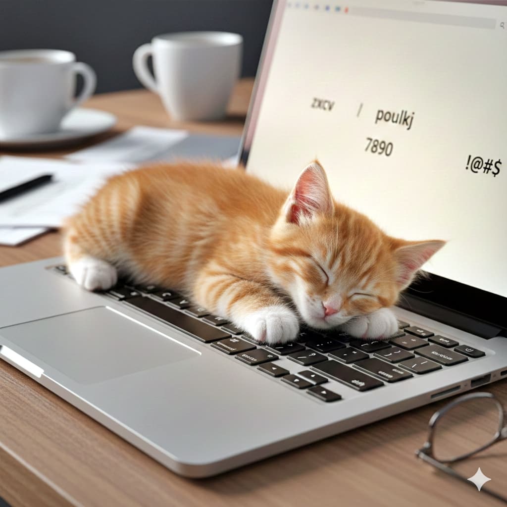 An orange tabby kitten naps on a laptop keyboard, paws pressing random keys mid-slumber. ノートPCのキーボードで眠る茶トラ子猫。前足がキーを押してしまっている