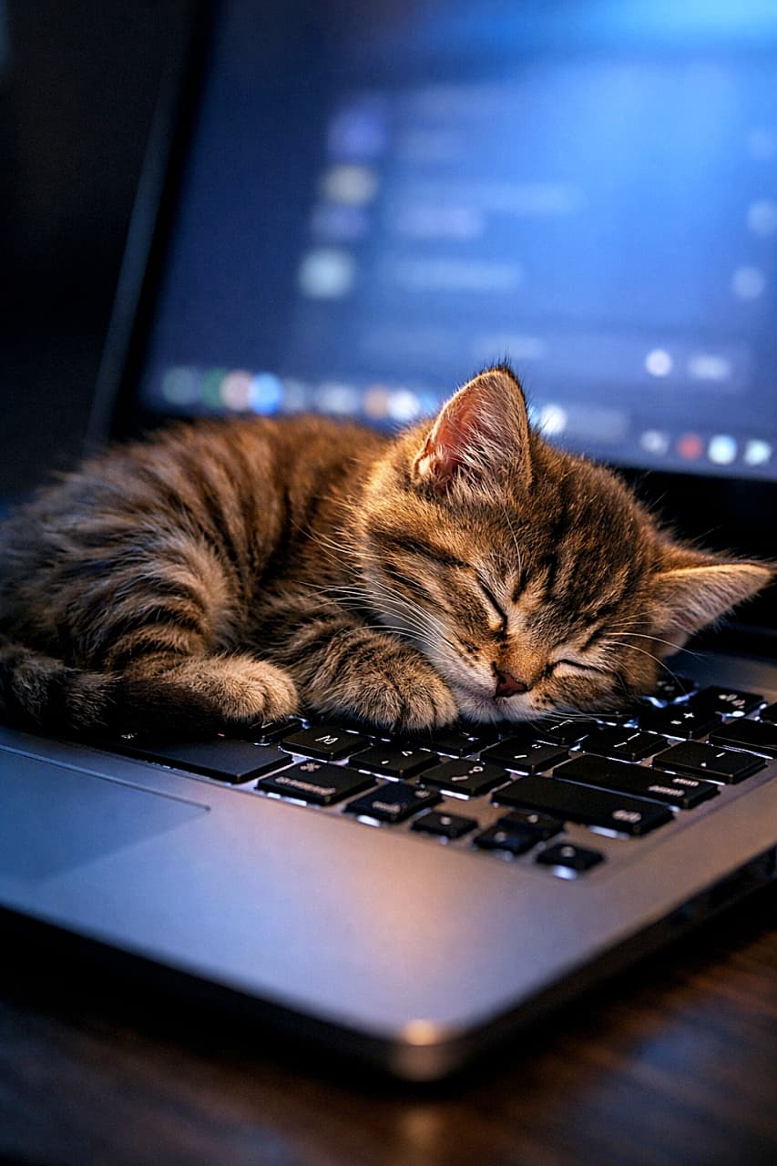「仕事中断のお知らせ。犯人はこの子です🐾💻」A tiny tabby kitten sleeping peacefully on a laptop keyboard, illuminated by the soft blue glow of the screen in a dimly lit room. 薄暗い室内で、ノートパソコンのキーボードの上に丸くなって眠る小さなキジトラ子猫。画面の淡い光が毛並みをやさしく照らしている