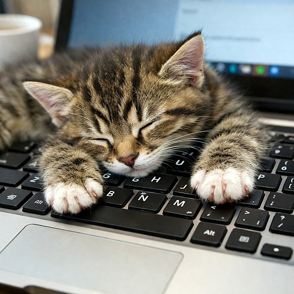 「仕事中に乱入！？キーボード占拠の爆睡にゃんこ💤🐾」A photorealistic close-up of a small tabby kitten sleeping on a laptop keyboard, its tiny paws resting on the keys as it accidentally presses them in soft natural light. ノートパソコンのキーボードの上で眠る小さなキジトラ子猫。前足でキーを押しながら、やわらかな自然光に包まれたフォトリアルな接写
