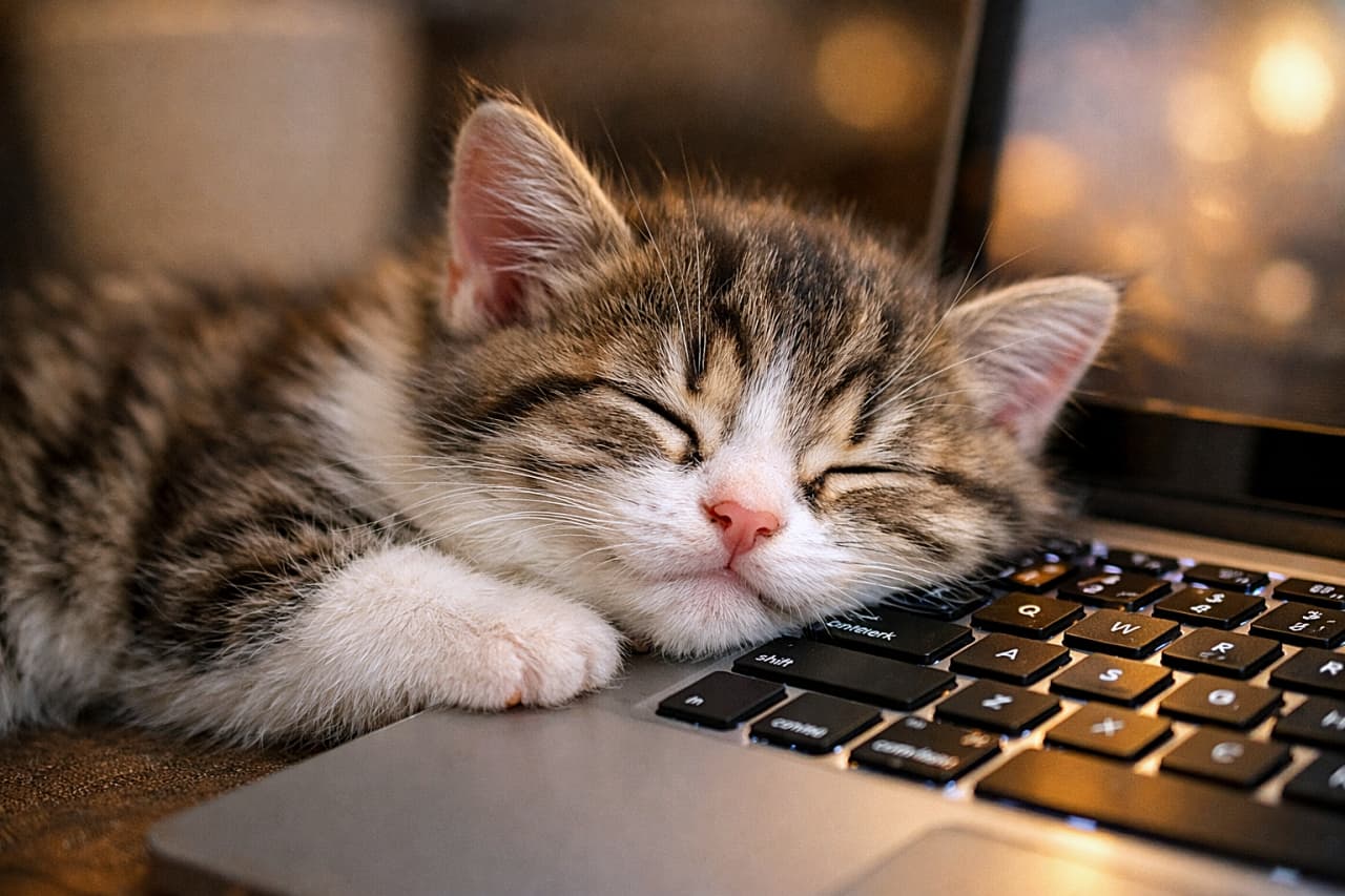 「ぬくぬくキーボードが最高の枕に…💤作業中でも許しちゃう可愛さです！」A sleepy tabby-and-white kitten has fallen asleep beside a warm laptop keyboard, its cheek gently squished against the keys, looking completely relaxed in the soft glow of the screen. 温かいノートパソコンのキーボードの横で、ほっぺをキーに押しつけたまま気持ちよさそうに眠るキジ白の子猫。画面の柔らかな光に包まれている