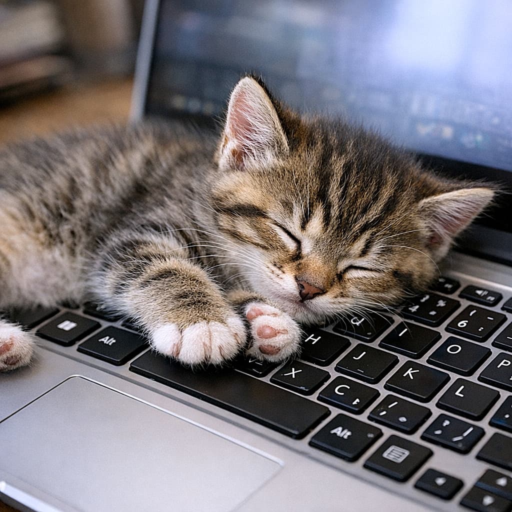 「作業中断のお知らせ🐾 キーボード占領して爆睡中の天使、尊すぎて怒れない件💤」A photorealistic tabby kitten sleeping on a laptop keyboard, its tiny paws pressing random keys while its cheek rests on the keys, cozy indoor lighting. ノートパソコンのキーボードの上で眠るキジトラの子猫。小さな前足でランダムにキーを押しながら、ほっぺをキーに預けて気持ちよさそうにしている様子
