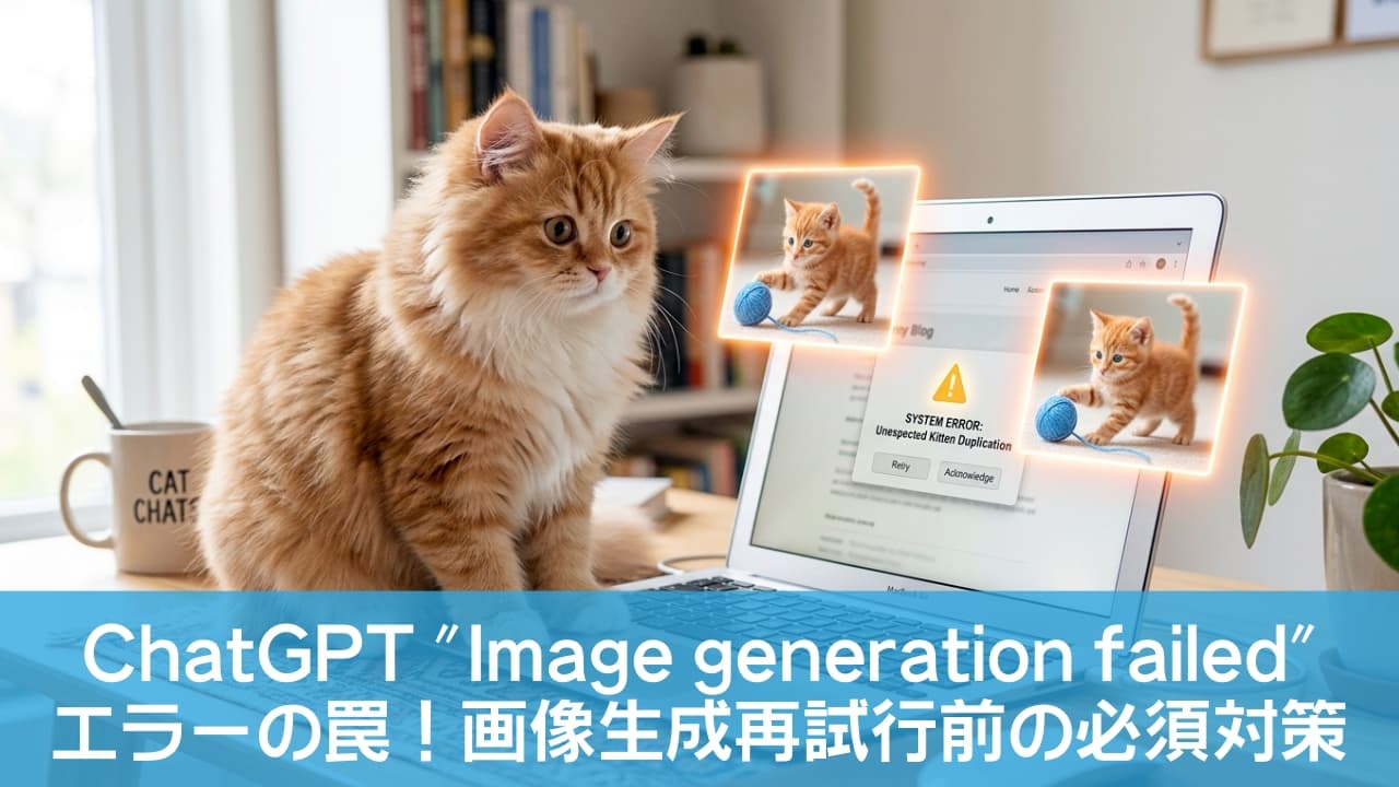 「おっと、予期せぬエラー発生🐾！？ブログ書いてたら、画面から光る子猫たちが飛び出しちゃった！混乱中のふわふわ猫ちゃんに癒やされる💕」A photorealistic horizontal photograph. On a wooden desk, a fluffy ginger-and-white long-haired cat sits in front of a laptop, gazing at the screen with a confused expression. Its front paws rest on the keyboard. The laptop screen displays a warning icon and the text, "SYSTEM ERROR: Unexpected Kitten Duplication". Two beautiful, identical, glowing pictures of kittens, framed in a glowing orange border, are popping out of the screen. In the background, there is a bookshelf, potted plants, a mug with "CAT CHATS" text, and a mouse. Bright, clean, and cozy atmosphere. Soft natural lighting. 木製のデスクの上で、ふわふわのオレンジ色の長毛猫がラップトップの前に座り、画面を不思議そうに見つめている。猫の前足はキーボードに乗っている。ラップトップ画面には警告アイコンと、「SYSTEM ERROR: Unexpected Kitten Duplication（システムエラー：予期せぬ子猫の複製）」というテキストが表示されている。画面から、光るオレンジ色の枠に囲まれた、2枚の同一の光る子猫の画像が飛び出している。背景には本棚、観葉植物、"CAT CHATS"と書かれたマグカップ、マウスが見える。明るく清潔な居心地の良い雰囲気。柔らかい自然光