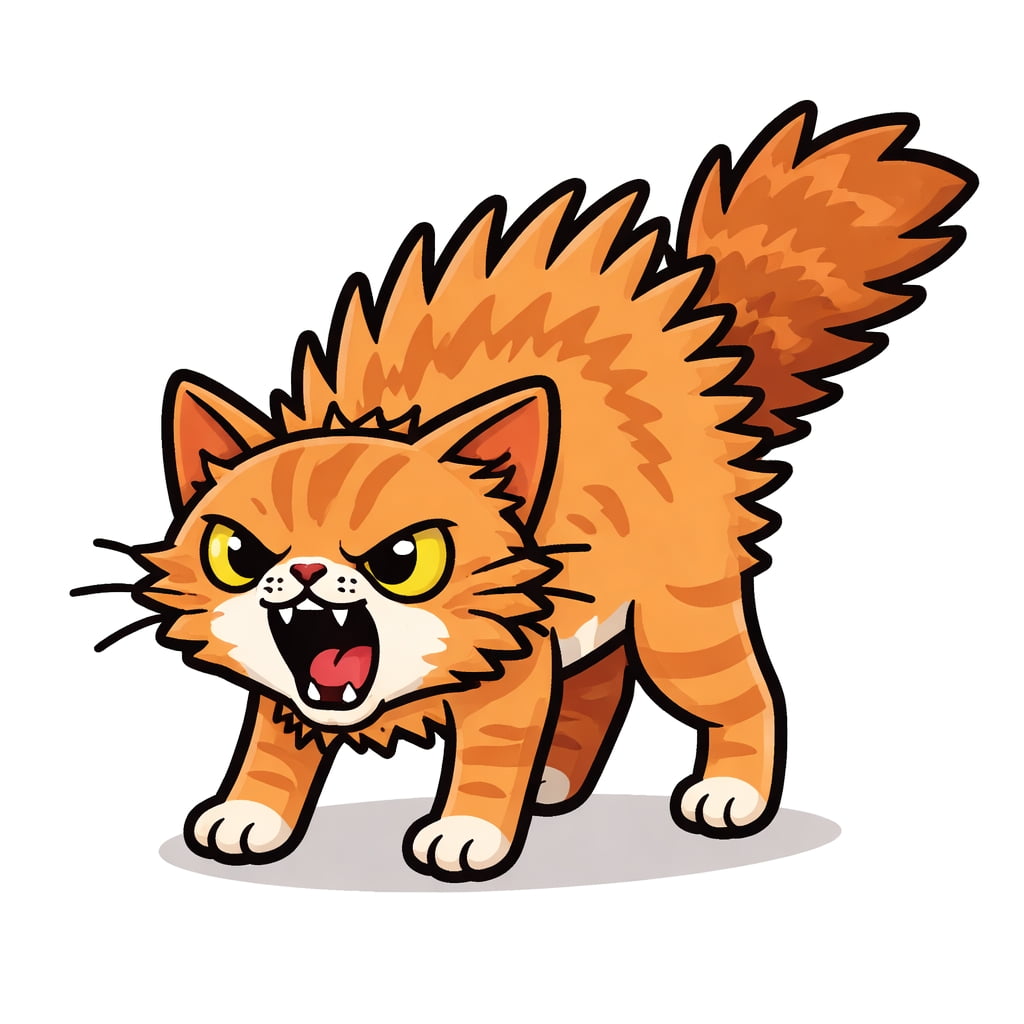 「毛がブワッ！完全におこモードなにゃんこ登場⚡近づいたらシャーされちゃうかも！？でもちょっとだけ触りたくなる不思議な魅力🐾」An angry orange tabby cat with fur standing on end, hissing with sharp teeth visible, illustrated in flat design with thick outlines on a pure white background. 毛を逆立てて威嚇する怒った茶トラ猫。口を開けて牙を見せる、太い輪郭線のフラットデザイン、白背景