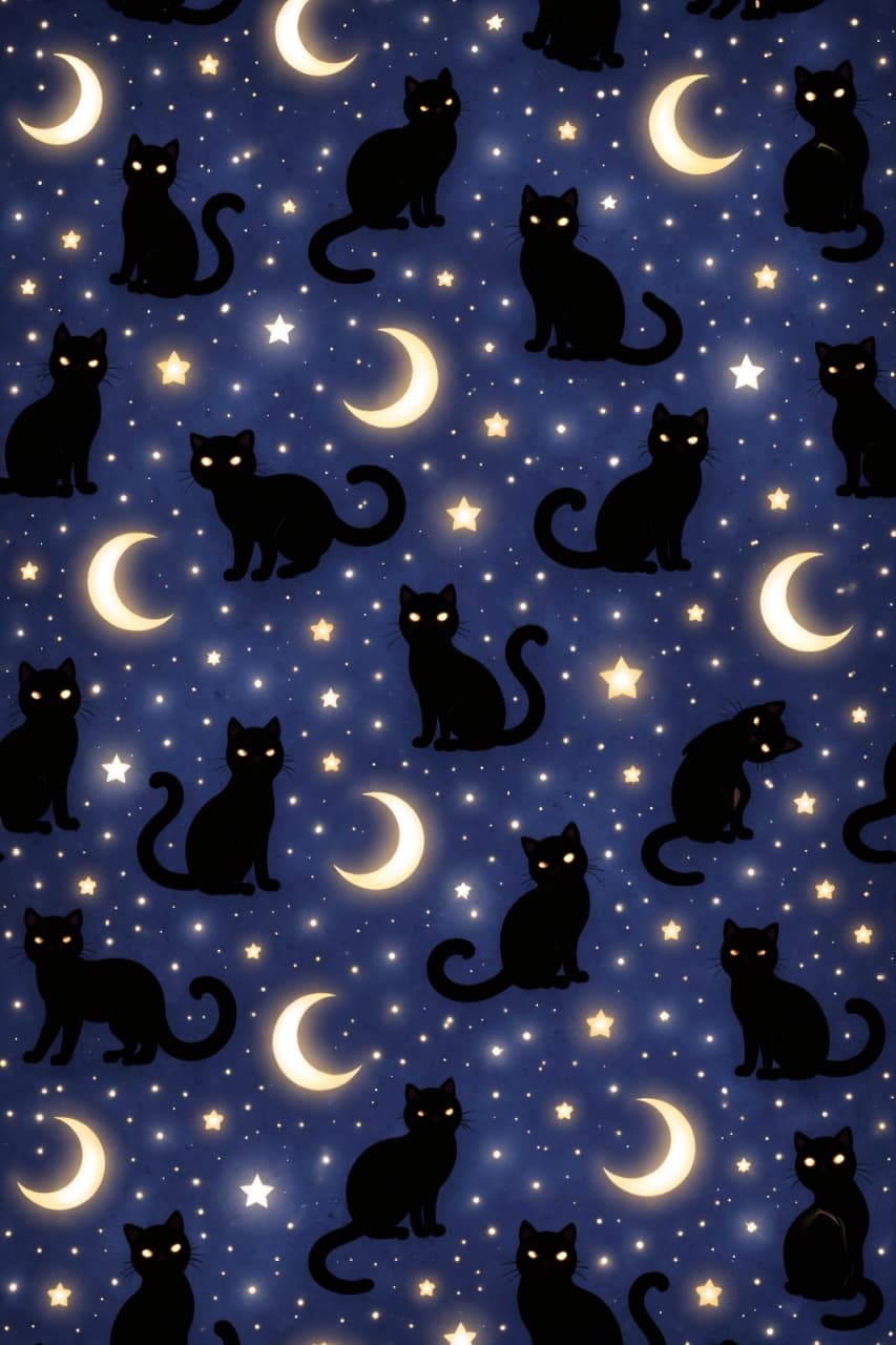「夜空にきらめく星と三日月、そしてこっそりたたずむ黒猫たち。ちょっぴりミステリアスでかわいい、無限に続くナイトパターンです🌙🐾」Seamless pattern of black cat silhouettes with glowing eyes, surrounded by crescent moons and twinkling stars on a dark blue night sky background. 暗い青の夜空を背景に、光る目をした黒猫のシルエットと三日月、星が散りばめられたシームレスパターン 