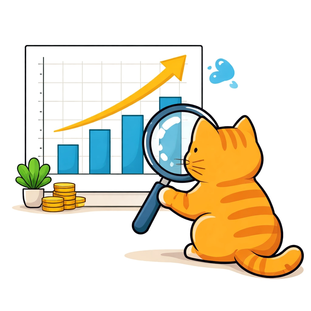 「虫眼鏡でじっくり分析中の猫さん、売上もぐんぐん右肩上がり！データの奥にチャンスありにゃ📈🐾✨」A flat design illustration of a cat examining a rising bar chart with a magnifying glass, symbolizing business growth and data analysis. 虫眼鏡で上昇する棒グラフを観察する猫のフラットデザインイラスト。ビジネス成長とデータ分析の概念