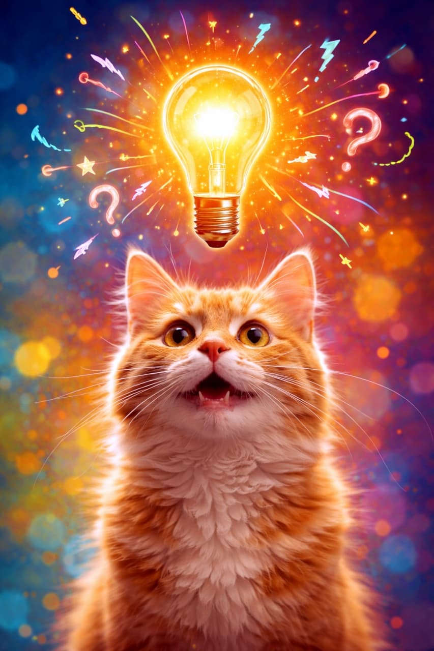 「ひらめきスイッチON！頭の上にピカッと電球が浮かぶ猫ちゃん、今まさに天才アイデア爆誕の瞬間かも！✨」A bright orange tabby cat looking upward with wide, curious eyes as a glowing lightbulb floats above its head, surrounded by colorful sparks and doodles, symbolizing a brainstorming idea. 好奇心いっぱいの表情で上を見上げるオレンジ色のトラ猫の頭上に、光る電球が浮かび、カラフルなエフェクトに囲まれたひらめきの瞬間を表現した画像
