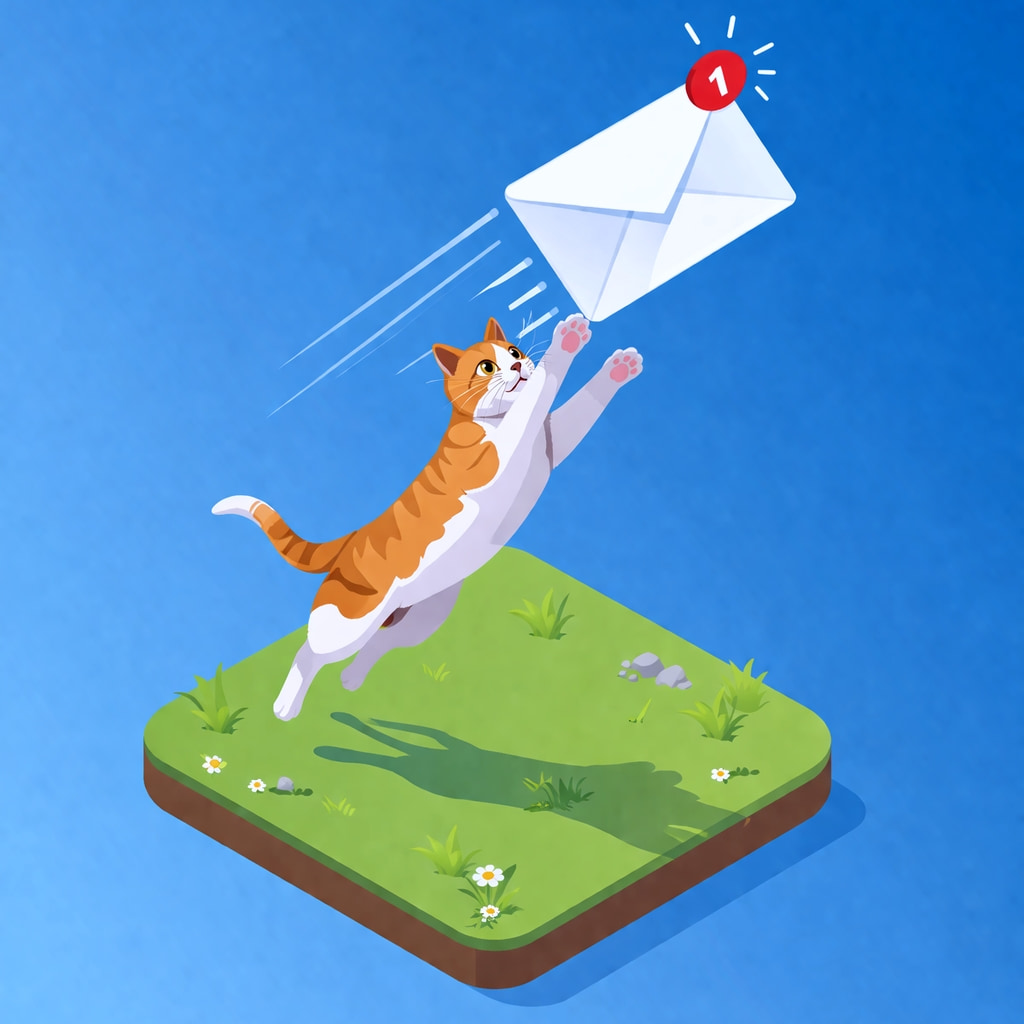 「ピコン♪届いたメールを逃すまい！ジャンプでキャッチを狙う猫が、通知チェックの大事さをかわいく教えてくれる一枚🐾✨」An isometric illustration of a cat leaping from a grassy platform to catch a flying email envelope with a notification badge, symbolizing incoming messages. 芝生の台座からジャンプした猫が通知バッジ付きのメール封筒をキャッチしようとする、受信通知を表現したアイソメトリックイラスト