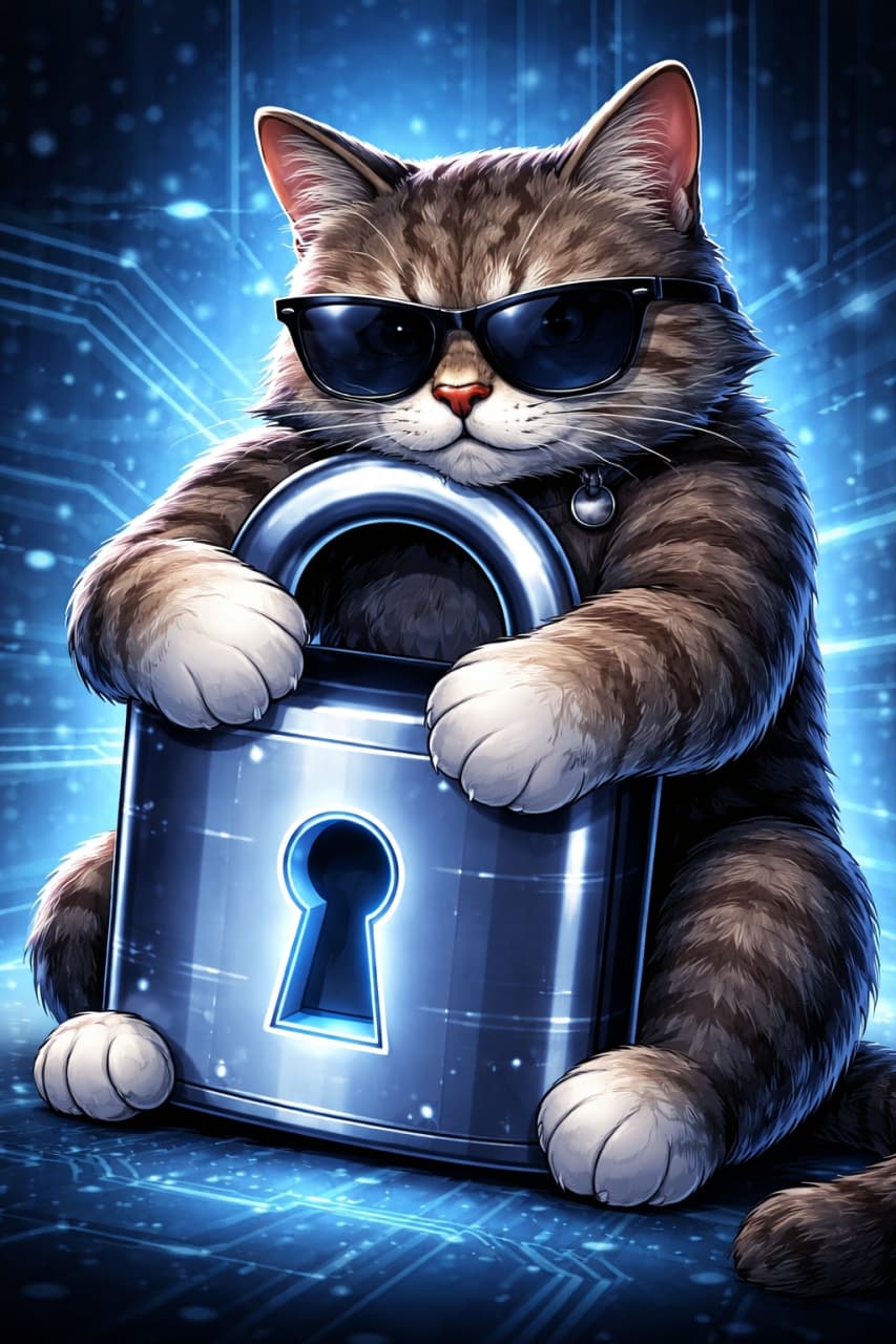 「ガッチリ守るにゃ！サングラス猫がデータをロックオン🔐安心と信頼をぎゅっと抱えた最強セキュリティ番長登場！💙🐾✨」A tough-looking cat wearing sunglasses tightly hugging a large metallic padlock, symbolizing cybersecurity and data protection, with a futuristic blue digital background. サングラスをかけた強面の猫が大きな金属製の南京錠をしっかり抱きしめる、サイバーセキュリティとデータ保護を象徴する青いデジタル背景のイラスト