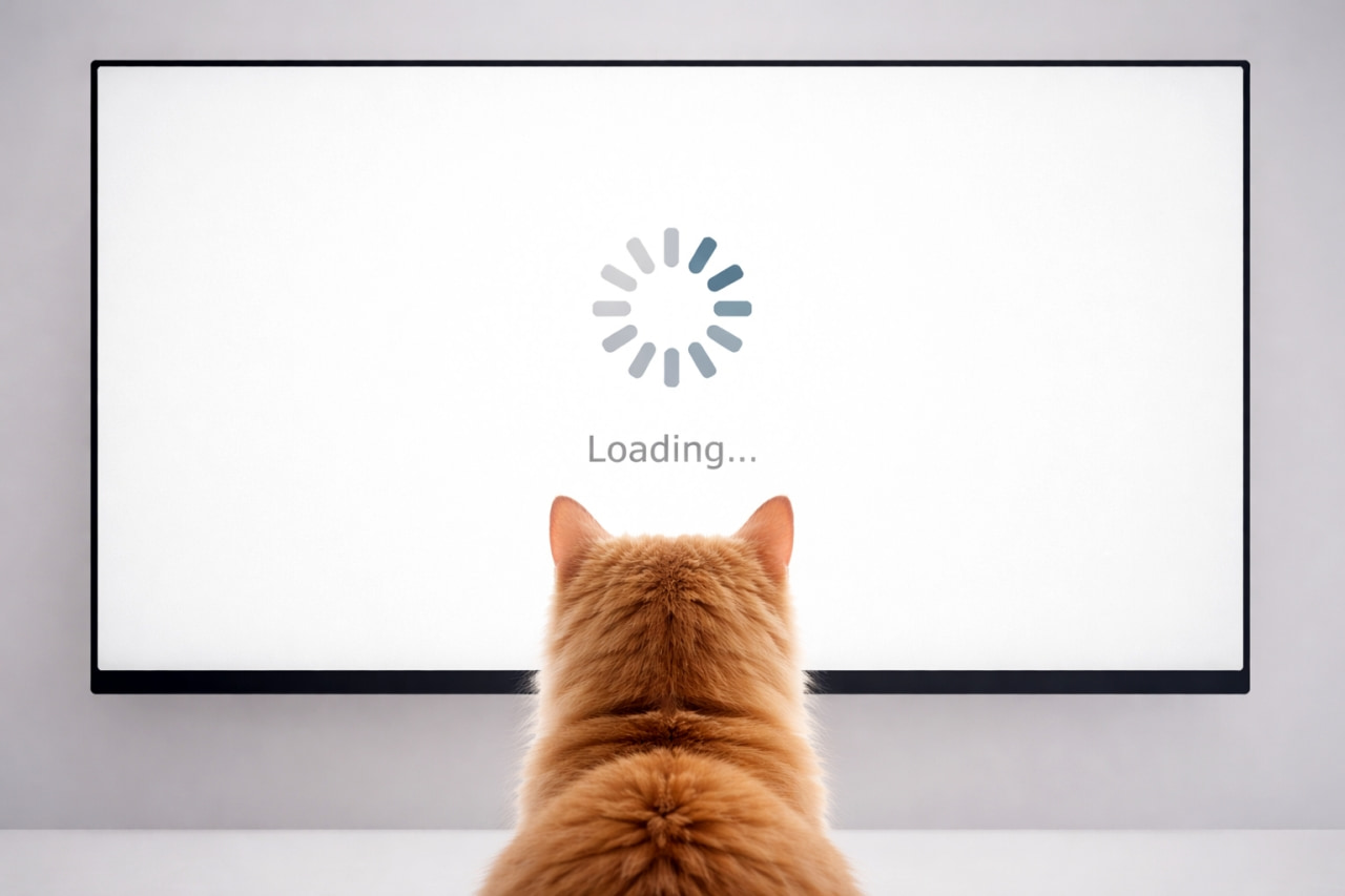 「まだかな…まだかな…？くるくる回るローディングを見つめ続ける猫。人間よりも先に限界を迎えそうな、じわっと共感の待機タイム🐾✨」A cat staring blankly at a computer screen displaying a spinning loading icon, minimalist background, conveying a waiting or loading concept. 回転するローディングアイコンが表示された画面を、無表情で見つめる猫。ミニマルな背景で待機中の様子を表現