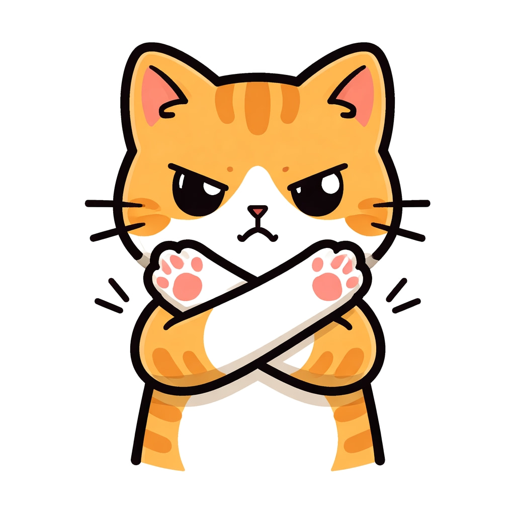 「「それはダメ〜！」って全力バツサイン発動中のにゃんこ🐾ちょっぴり怒り顔もかわいすぎて、むしろ許されちゃいそう！？😆」A cute orange tabby cat crossing its paws to form an X sign, with a slightly angry expression, flat design, thick outlines, on a pure white background. 腕をクロスしてバツ印を作る、少し怒った表情のかわいい茶トラ猫のフラットデザイン。白背景