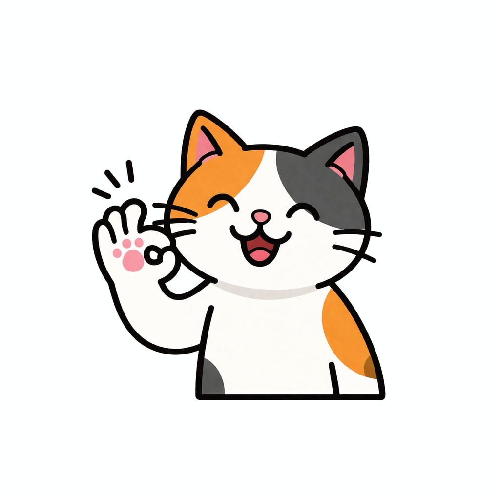 「元気いっぱいの三毛猫が「OK！」とお墨付き♪ 見るだけで気分が明るくなる、ポップで使いやすい万能ねこイラスト！」A cheerful calico cat making an OK sign with its paw, smiling brightly in a flat design style with bold outlines on a pure white background. OKサインを出しながら元気に笑う三毛猫のフラットデザインイラスト。太い輪郭線と白背景が特徴