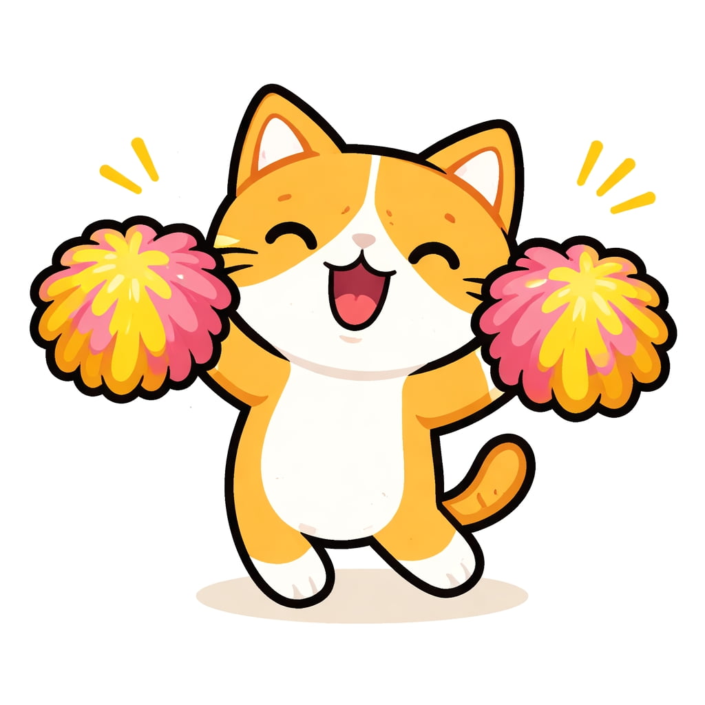 「ポンポンふりふり全力応援！見てるだけで元気になれる、ハイテンションなチア猫があなたにエールを送ります♪今日もがんばろう！🐾✨」A cheerful cartoon cat holding colorful pom-poms, smiling with eyes closed, drawn in a flat design with thick outlines on a pure white background. カラフルなポンポンを持って応援する、目を閉じて笑顔の猫。太い線のフラットデザインで白背景