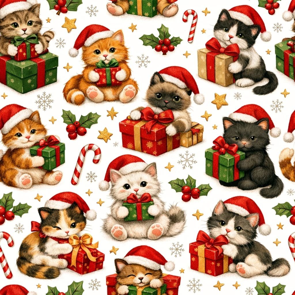 「サンタ帽のにゃんこたちがプレゼントに夢中🎁✨見てるだけでほっこり癒される、冬気分たっぷりのキュートなクリスマス柄🐾✨」Seamless pattern of adorable illustrated cats in Santa hats interacting with Christmas gifts, surrounded by candy canes, holly berries, snowflakes, and stars on a white background サンタ帽をかぶった可愛い猫たちがプレゼントと遊ぶ、キャンディケインやヒイラギ、雪の結晶や星が散りばめられたシームレスなクリスマス柄