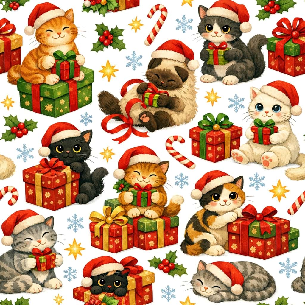 「サンタ帽の猫たちがプレゼントに夢中！ふわもこギフトタイム、開幕にゃ🎁✨」Seamless Christmas pattern featuring various illustrated cats in Santa hats interacting with festive gifts, surrounded by holly, candy canes, snowflakes, and glowing stars on a white background. 白背景に、サンタ帽をかぶった様々な猫たちがクリスマスギフトと戯れるシームレスなパターン。周囲にはヒイラギ、キャンディケイン、雪の結晶、輝く星が散りばめられてい