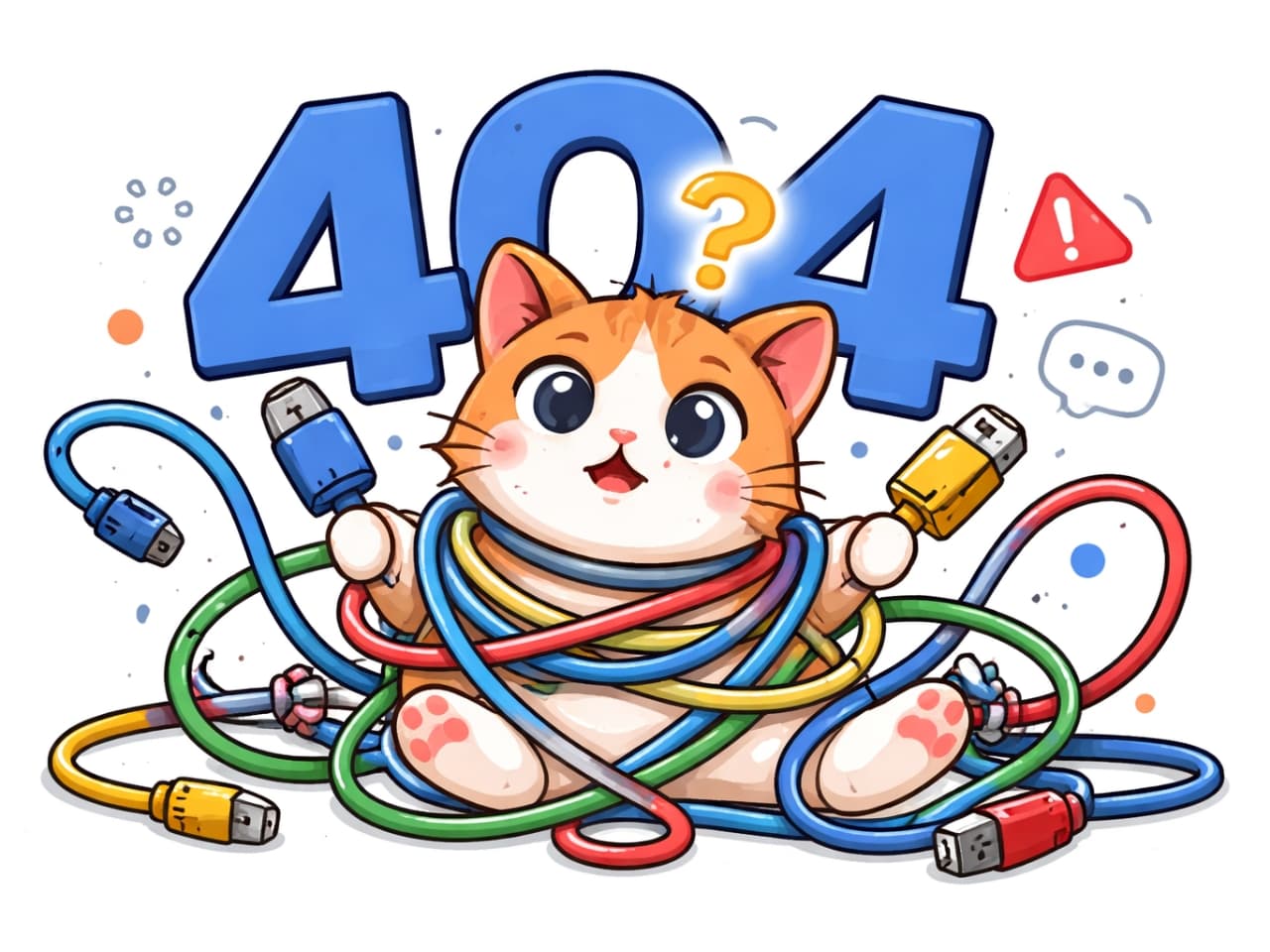 「あれ？ページが見つからないにゃ…！？ケーブルにぐるぐる巻きで大混乱中の猫さん、404エラー発生中！🐾✨」A confused orange and white cat tangled in colorful computer cables, holding USB connectors, with a large “404” error sign behind it, clean vector illustration. カラフルなコンピューターケーブルに絡まって困っているオレンジと白の猫。背後に大きな「404」表示があるクリーンなベクターイラスト