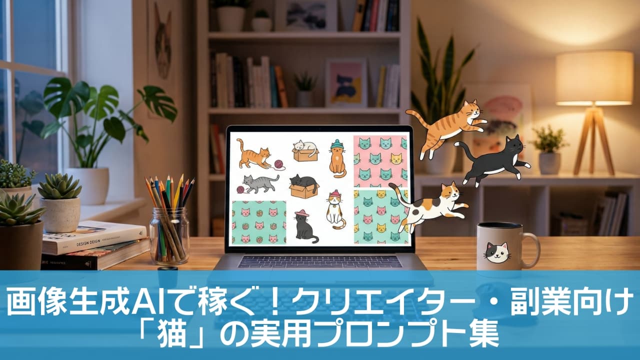 「画面から猫ちゃんが飛び出してきた🐈🪄⁉️ クリエイターの魔法のデスク空間💻✨ #猫イラスト #作業環境 #クリエイター」High-quality wide cinematic photograph. A stylish creator's wooden desk bathed in warm ambient lighting. On the desk, a laptop screen displays various cute cat illustrations and seamless patterns. To the right, several flat vector-style cats, including an orange tabby, a black cat, and a calico, are magically floating and popping out of the screen into the real world. The professional workspace features a pen tablet, keyboard, mouse, colored pencils, and a coffee mug with a cat face. The background includes neatly organized bookshelves with houseplants and books, creating an inspiring aesthetic. 暖かみのある照明に包まれた、スタイリッシュなクリエイターの木製デスクのワイドショット画像。中央のノートパソコンの画面には、様々な可愛い猫のイラストやシームレスパターンが表示されている。画面の右側からは、茶トラ、黒猫、三毛猫のフラットなベクター風のイラストの猫たちが、魔法のように飛び出して宙を舞っている。デスク上にはペンタブレット、キーボード、マウス、色鉛筆、猫の顔が描かれたマグカップが配置されている。背景の棚には観葉植物や本が整然と並んでおり、インスピレーションを刺激するクリエイティブな作業環境が描かれている。超リアルな空間とイラストが融合した高品質な画像