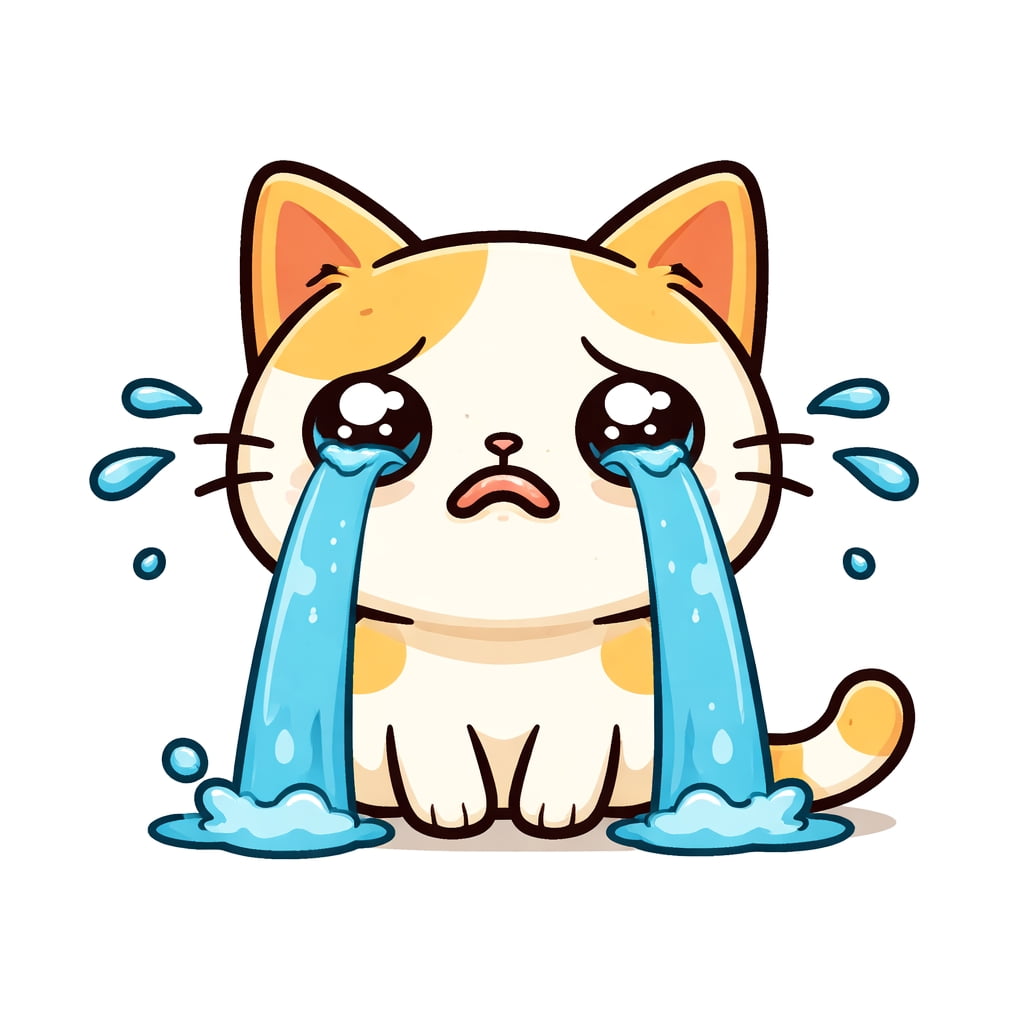 「涙が止まらないにゃ〜！大げさすぎる大粒の涙が愛おしい、思わず笑っちゃう泣き顔キャット😹💧」A flat-style cartoon cat with thick outlines crying exaggerated big blue tears on a pure white background. 太い線のフラットデザインで描かれた猫が、白い背景の中で大げさな大粒の涙を流して泣いているイラスト