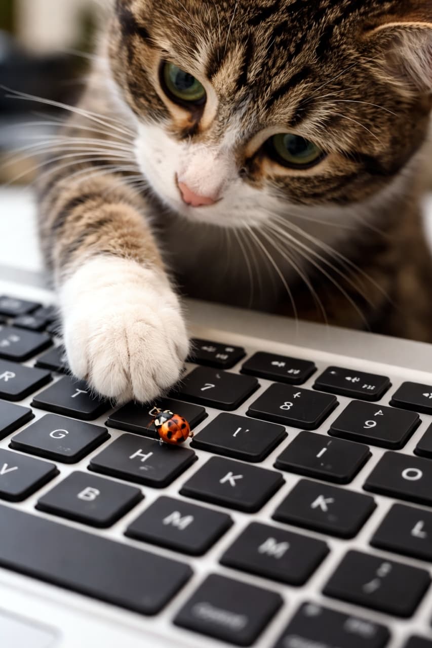 「キーボードに出現した“リアルバグ”を発見！？興味津々でちょんちょん触る猫さん、デバッグ担当に任命です🐾✨」A curious tabby cat reaching out with its paw to touch a small ladybug on a computer keyboard, representing a software bug concept. 好奇心いっぱいのキジトラ猫が、パソコンのキーボード上にいる小さなてんとう虫に前足で触れようとしている様子。ソフトウェアバグのコンセプト