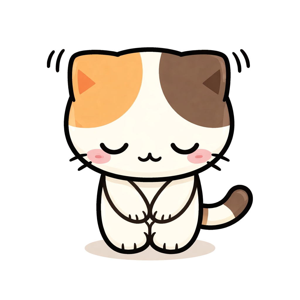 「ぺこりとお辞儀するねこちゃん🐱✨礼儀正しさもかわいさも満点な、ほっこり癒やし系イラストです！見ているだけで気持ちがやわらぎます♪」A cute flat-style cat bowing politely with closed eyes, thick outlines, and a pure white background. 白背景で、目を閉じて丁寧にお辞儀する太線フラットデザインのかわいい猫のイラスト