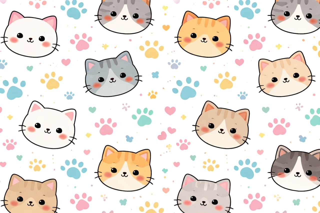 「やさしいパステルカラーに包まれた、猫フェイスと肉球のゆるかわパターン♪見ているだけでほっこり癒されるデザインです🐾」Seamless pastel pattern of cute cat faces and paw prints in flat vector style, featuring soft colors and playful elements パステルカラーで描かれた猫の顔と肉球のシームレスパターン（フラットなベクタースタイル）
