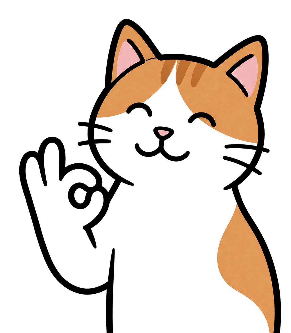 「そっとOKをくれる安心感たっぷりのねこさん。やわらかい雰囲気で、日常のちょっとした合図にぴったりです♪🐾✨」A cute white and orange cat gently making an OK sign with its paw, in a simple flat vector style with thick outlines on a clean white background. やさしくOKサインを出す白と茶色の猫のフラットイラスト。シンプルで親しみやすいデザイン