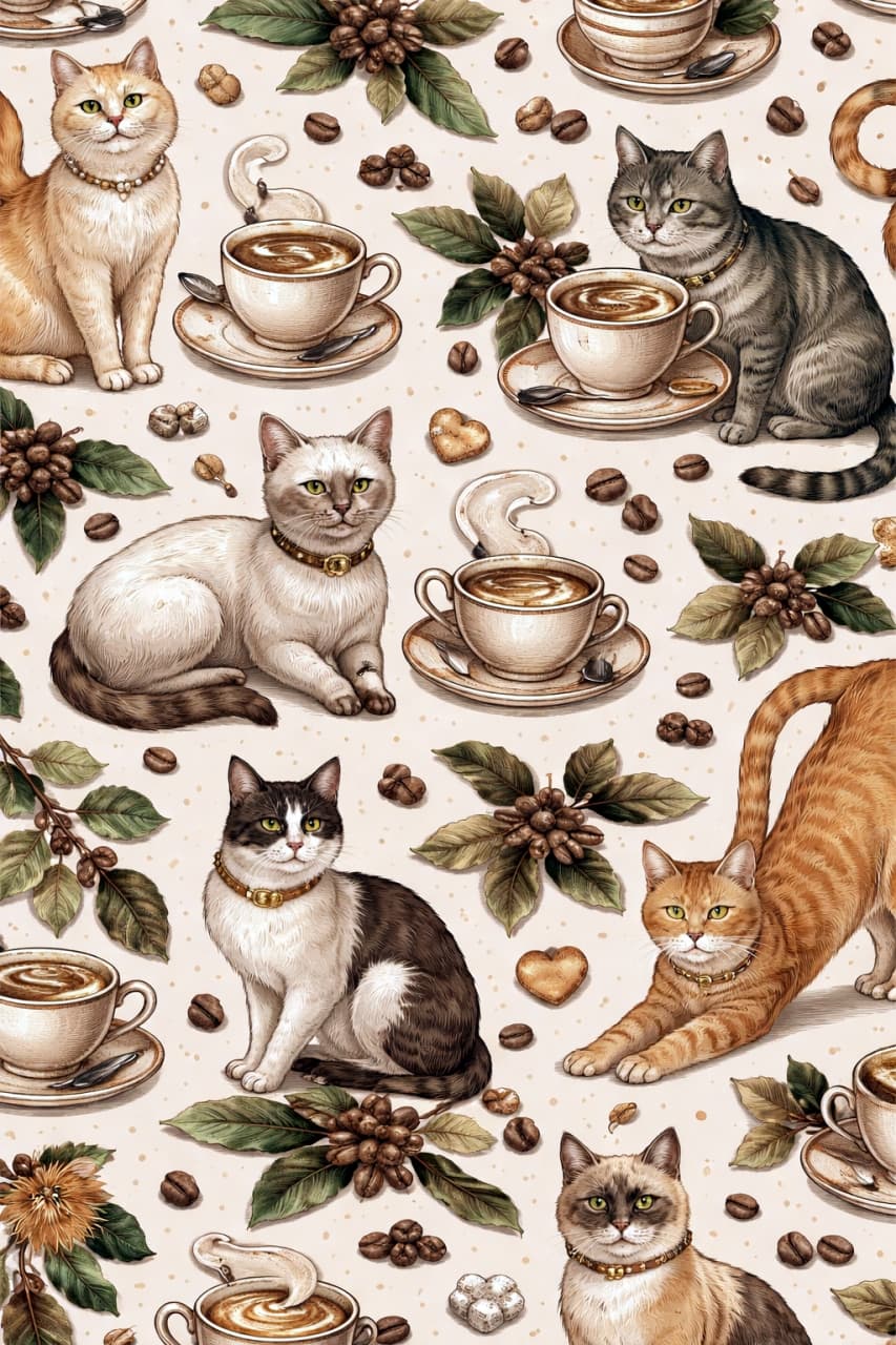 「レトロでほっとする世界観☕優雅な猫たちとコーヒーの香りが広がる、大人かわいいシームレスパターン🐾」Seamless vintage pattern of elegant cats, coffee cups, and coffee beans in warm beige tones エレガントな猫とコーヒーカップ、コーヒー豆が描かれた温かみのあるヴィンテージ風シームレスパターン