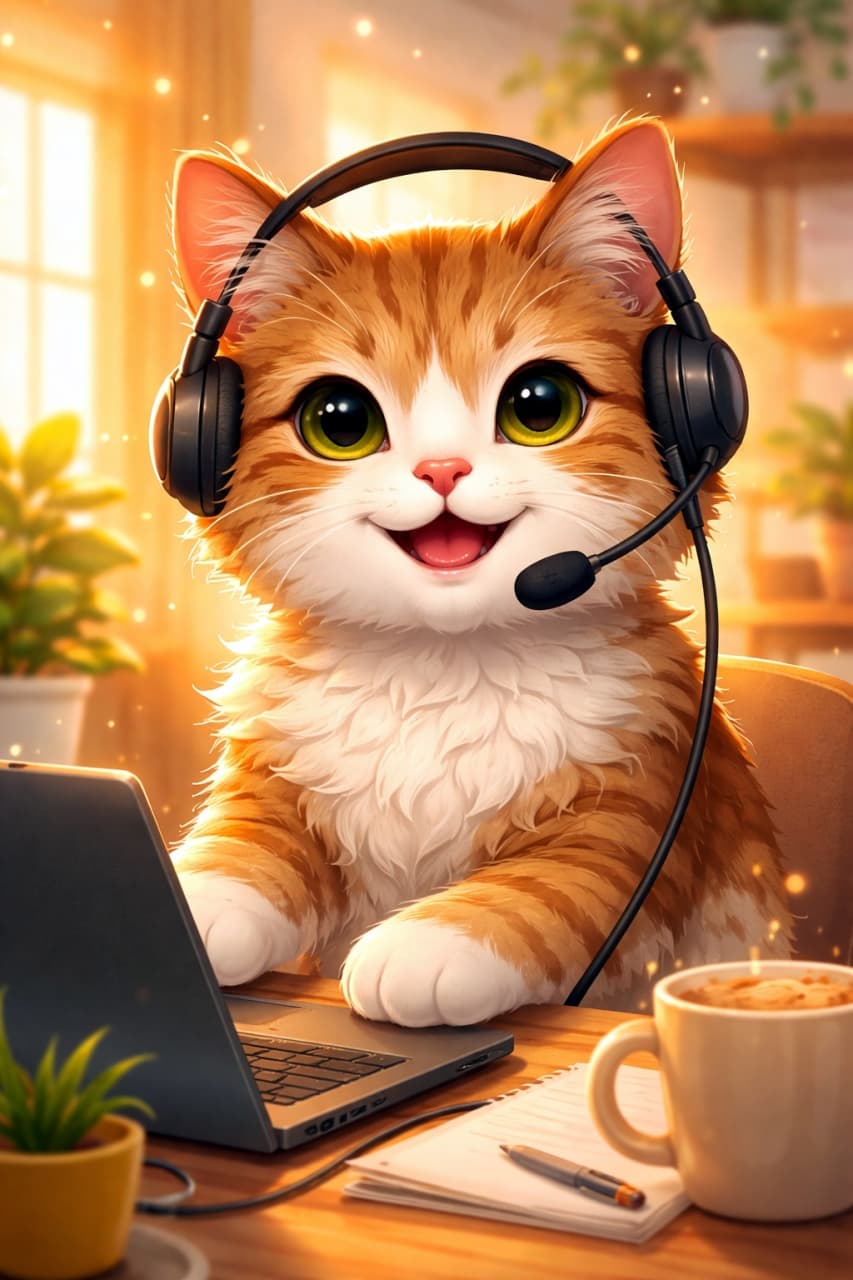 「にこにこ笑顔で対応中！ふわふわ猫オペレーターが、あなたの「困った」をやさしく解決します🐾✨」A friendly smiling orange and white cat wearing a headset, working as a customer support operator on a laptop in a warm, inviting workspace. ヘッドセットを着けたオレンジと白の猫が、温かみのある空間でノートパソコンを使いカスタマーサポート業務をしている様子