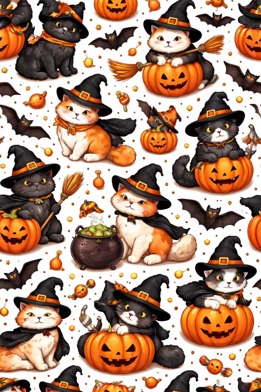 「魔女に変身した猫たちが大集合！かぼちゃやコウモリと一緒に、ハロウィンの夜をにぎやかに彩るキュートなパターンです🎃🐈‍⬛✨」Seamless pattern of cute cats in Halloween witch costumes with pumpkins, bats, candy, and cauldrons in orange and black colors ハロウィンの魔女コスチュームを着た猫たちと、かぼちゃやコウモリ、お菓子や鍋が描かれたオレンジと黒のシームレスパターン