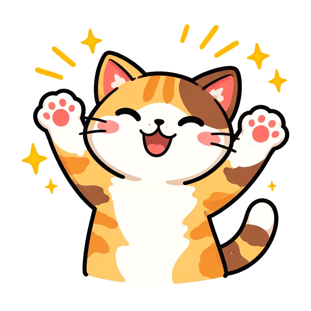 「やったね！両手をあげて全力お祝いモードのにゃんこ。キラキラ輝くハッピーオーラで、見ているだけで気分もぐんと上がる一枚です✨」A happy cartoon cat raising its paws in celebration, smiling with closed eyes, surrounded by sparkles, in flat design with thick outlines on a pure white background. 両手を上げて喜ぶ笑顔の猫のイラスト。目を閉じてにっこりし、キラキラの装飾が周囲にある、白背景のシンプルなフラットデザイン