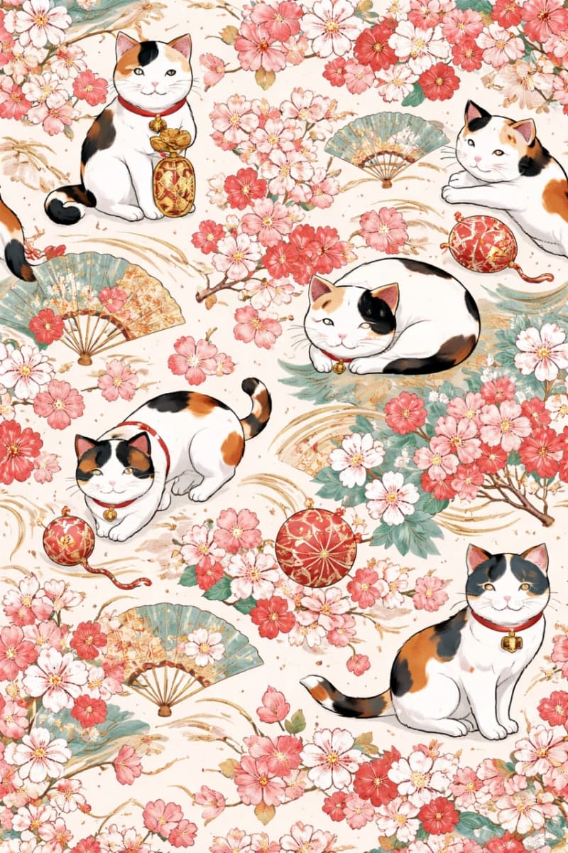 「和のやさしさと猫の愛らしさがふんわり広がる♪桜と一緒に舞う、上品でかわいい癒しパターンです🌸🐾」Seamless pattern of traditional Japanese-style cats with cherry blossoms, decorative fans, and elegant motifs in soft pastel colors 桜や扇子とともに描かれた和風の猫たちのシームレスパターン、やわらかな伝統色で優雅に表現
