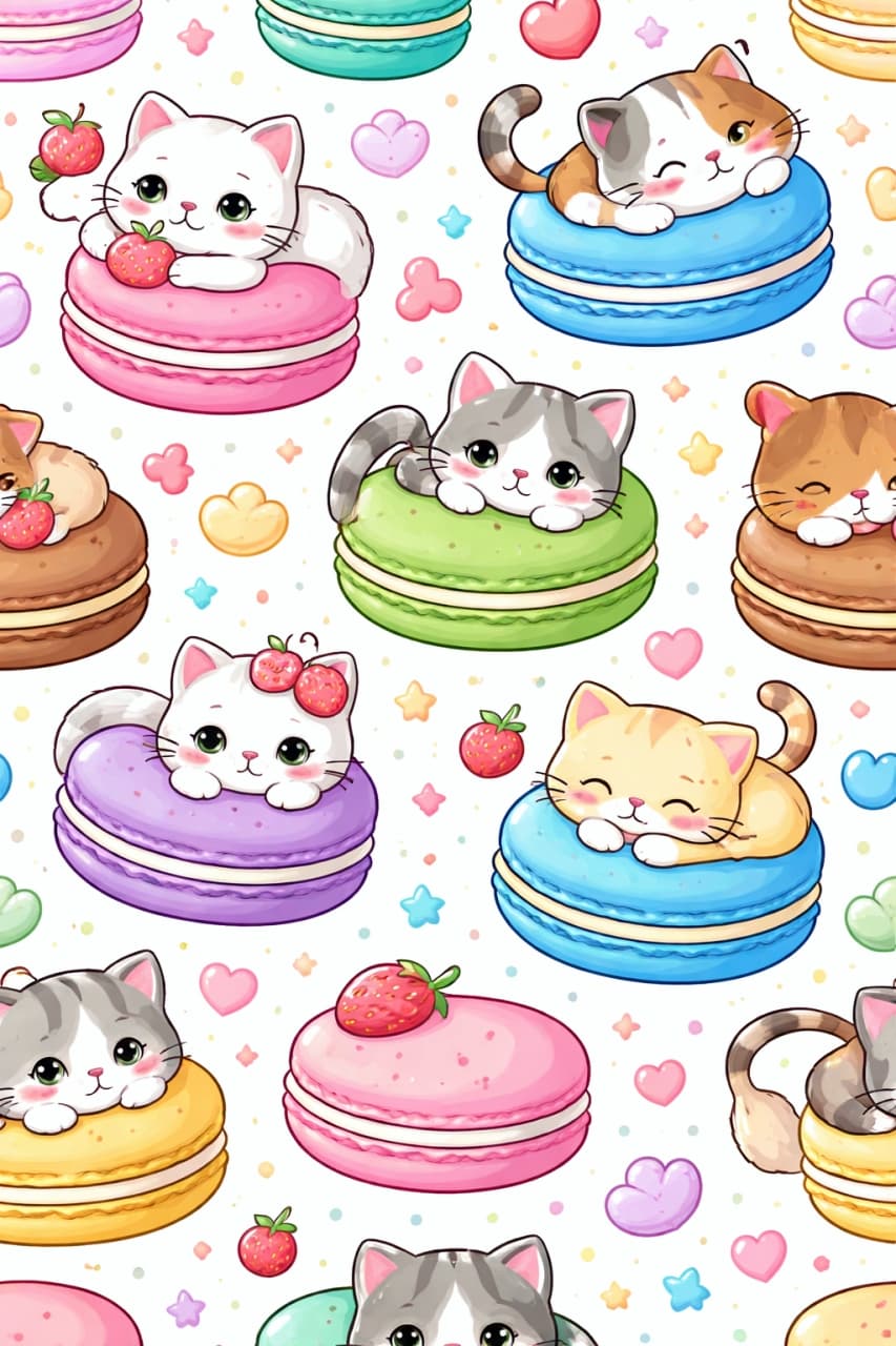 「マカロンみたいに甘くてかわいい猫たちが大集合♪見ているだけでハッピーになれる、カラフルでポップな癒し系パターンです！🐾」Seamless kawaii pattern of sweet cats and colorful macarons on a bright background, featuring pastel tones and playful cute illustrations 明るい背景に、カラフルなマカロンと甘い雰囲気の猫たちが描かれた、パステル調のかわいいシームレスパターン