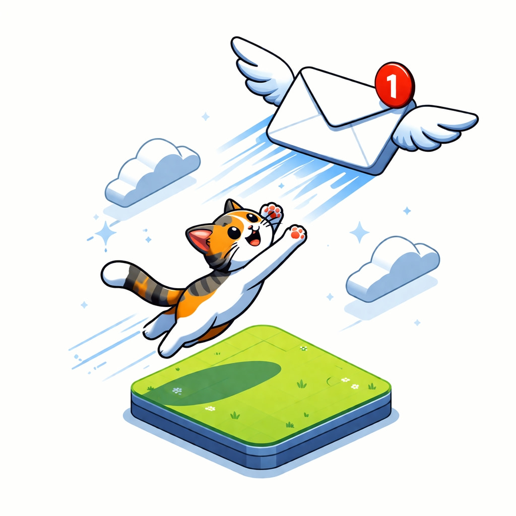 「新着メールは空から飛んでくる！？羽つき封筒を追いかける子猫で、スピード感ある通知のワクワクを表現した一枚🐾✨」A playful isometric-style illustration of a kitten jumping in the sky to catch a winged email envelope with a notification badge, representing instant email alerts. 空中でジャンプする子猫が羽の生えた通知付きメール封筒を追いかける、即時通知を表現したポップなイラスト