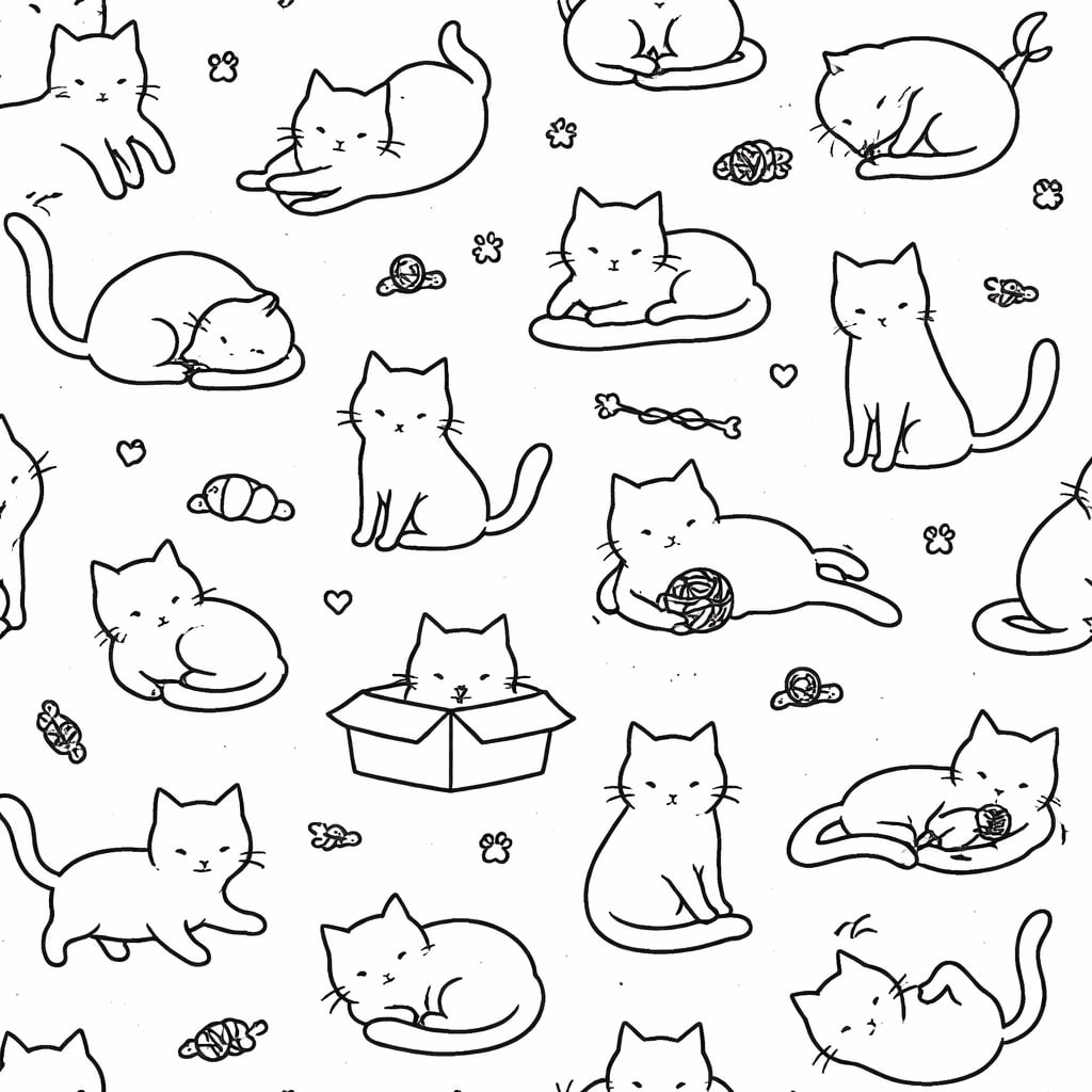 「いろんな仕草の猫たちがぎゅっと詰まった、ゆるかわモノクロパターン！見れば見るほどお気に入りの子が見つかるかも？🐾」Seamless monochrome pattern of minimalist cats in various everyday poses such as sitting, sleeping, stretching, and playing, with small icons like paw prints and toys 座る・寝る・伸びる・遊ぶなど日常のポーズをしたミニマルな猫たちと肉球やおもちゃが散りばめられたモノクロのシームレスパターン