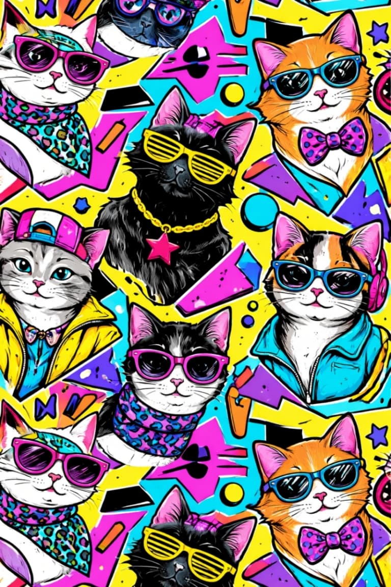 「ネオンカラー×レトロポップ！80年代感あふれるおしゃれ猫たちが大集合。見てるだけでテンション上がる、遊び心満点のシームレスパターンです！🐾」Seamless pattern of stylish cats in 1980s retro pop art style, wearing sunglasses and accessories, surrounded by bold geometric shapes in vibrant neon colors. 1980年代のレトロポップアート風で描かれた猫たちのシームレスパターン。サングラスやアクセサリーを身につけ、鮮やかなネオンカラーと幾何学模様に囲まれている