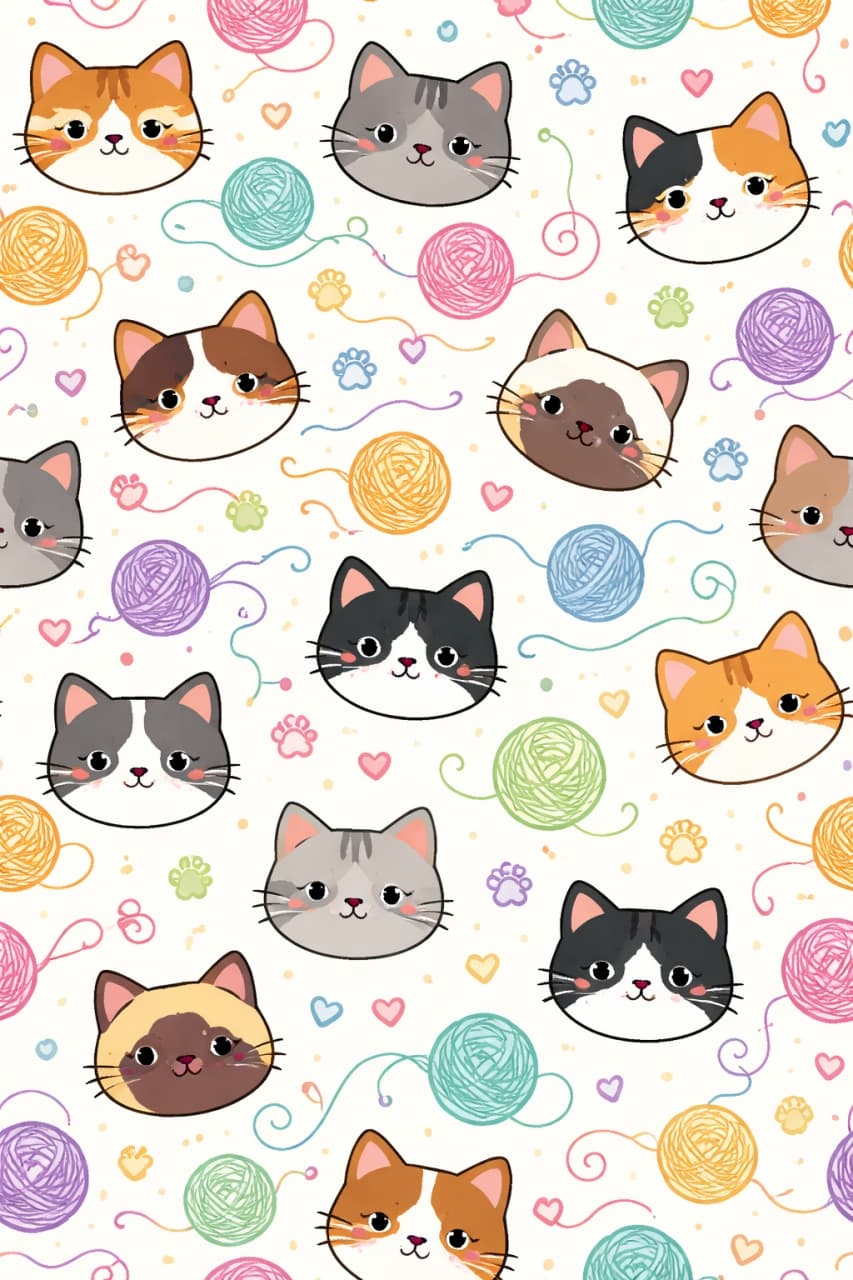 「ころんと可愛い猫フェイスとカラフル毛糸がいっぱい♪見てるだけでほっこり癒される、ゆるかわポップな総柄デザインです🐾🧶✨」Seamless flat vector pattern of cute cat faces in various colors with pastel yarn balls, paw prints, and small hearts on a light background 淡い背景に、さまざまな色の猫の顔とパステルカラーの毛糸玉、肉球やハートが散りばめられたシームレスなフラットベクターパターン