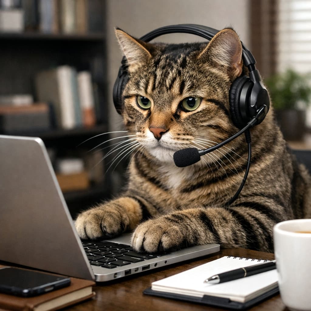 「ヘッドセット装着完了！🐾真剣な眼差しでリモートワークをこなす猫社員です💻✨」A realistic close-up photograph of a brown tabby cat wearing a black gaming headset with a boom microphone. The cat's front paws are resting on the keyboard of an open silver laptop, mimicking a person typing. The cat has green eyes and a serious expression, looking toward the laptop screen. The setting is a wooden desk. Visible on the desk are a white coffee mug, a closed black smartphone resting on a brown notebook, and an open spiral notepad with a black pen. The background is a gently blurred home office environment featuring bookshelves with binders and a window with blinds. マイク付きの黒いヘッドセットを装着した茶トラ猫の写実的なクローズアップ写真。猫の前足は開いたシルバーのノートパソコンのキーボードに乗せられており、タイピングしているように見える。猫は緑色の目を持ち、真剣な表情で画面の方向を見つめている。場所は木製のデスクの上。デスクには白いマグカップ、茶色い手帳の上に置かれた黒いスマートフォン、黒いペンが乗った開いたリングノートが確認できる。背景は、バインダーが並ぶ本棚やブラインドのある窓がある、適度にぼやけたホームオフィスの風景