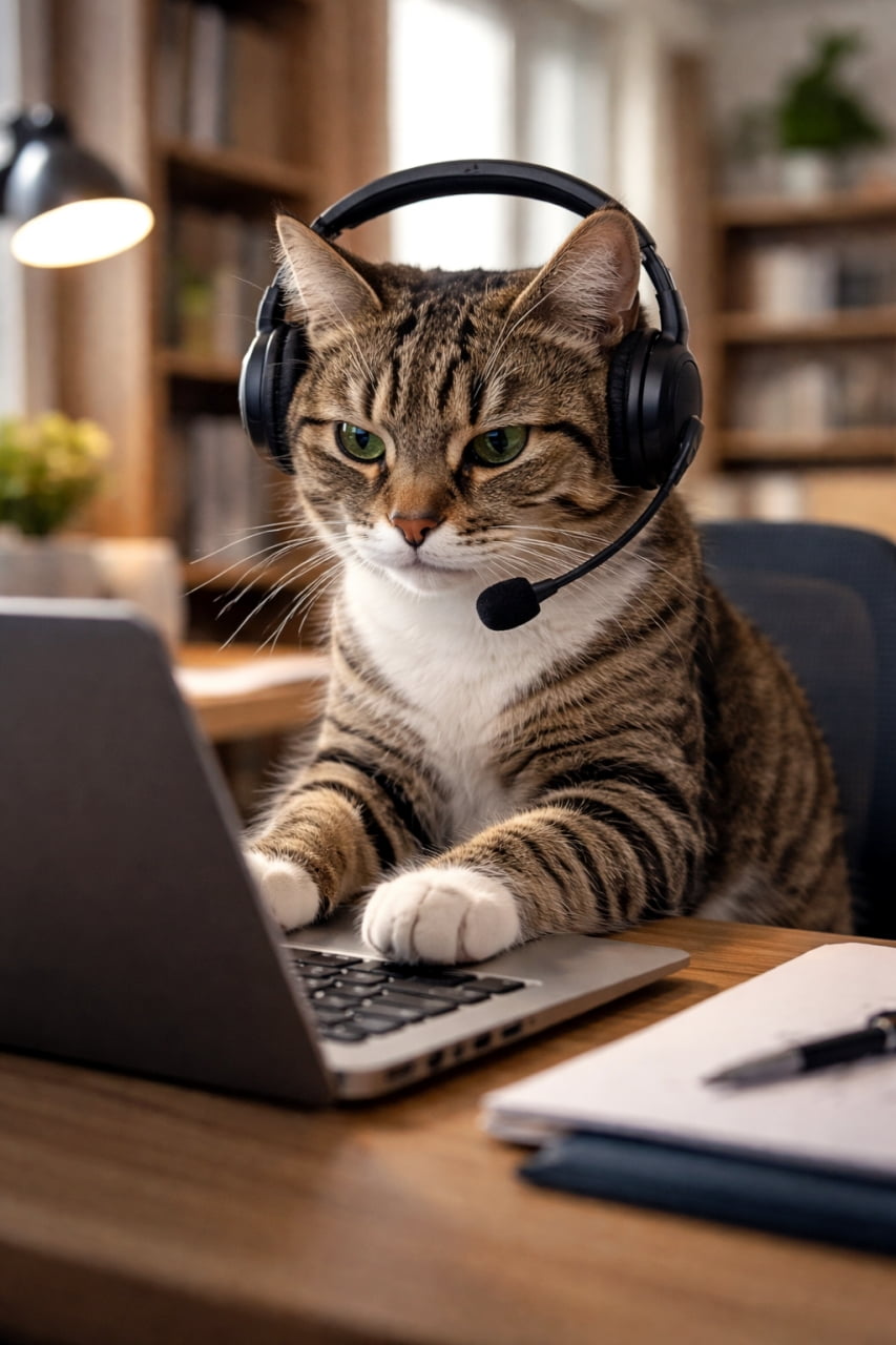 「今日の会議もにゃんとか乗り切る！ヘッドセット装着で全集中、在宅ワークをバリバリこなすプロ猫登場🐾✨」A serious tabby cat wearing a headset, typing on a laptop at a desk, remote work professional setting ヘッドセットを着けてノートパソコンを操作する真剣な表情のキジトラ猫、リモートワークの仕事風景