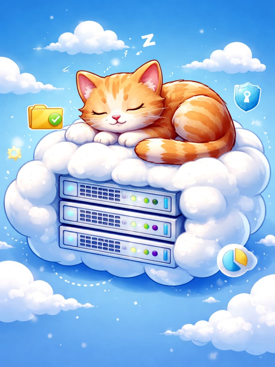 「クラウドの上でぐっすりおやすみ中のねこさん🐱💤データも安心して預けたくなる、ふわふわサーバーです☁️✨」A cute orange tabby cat sleeping peacefully on a fluffy white cloud shaped like a computer server, representing cloud computing. コンピューターサーバーの形をしたふわふわの白い雲の上で、気持ちよさそうに眠る茶トラ猫のイラスト（クラウドコンピューティングのイメージ）