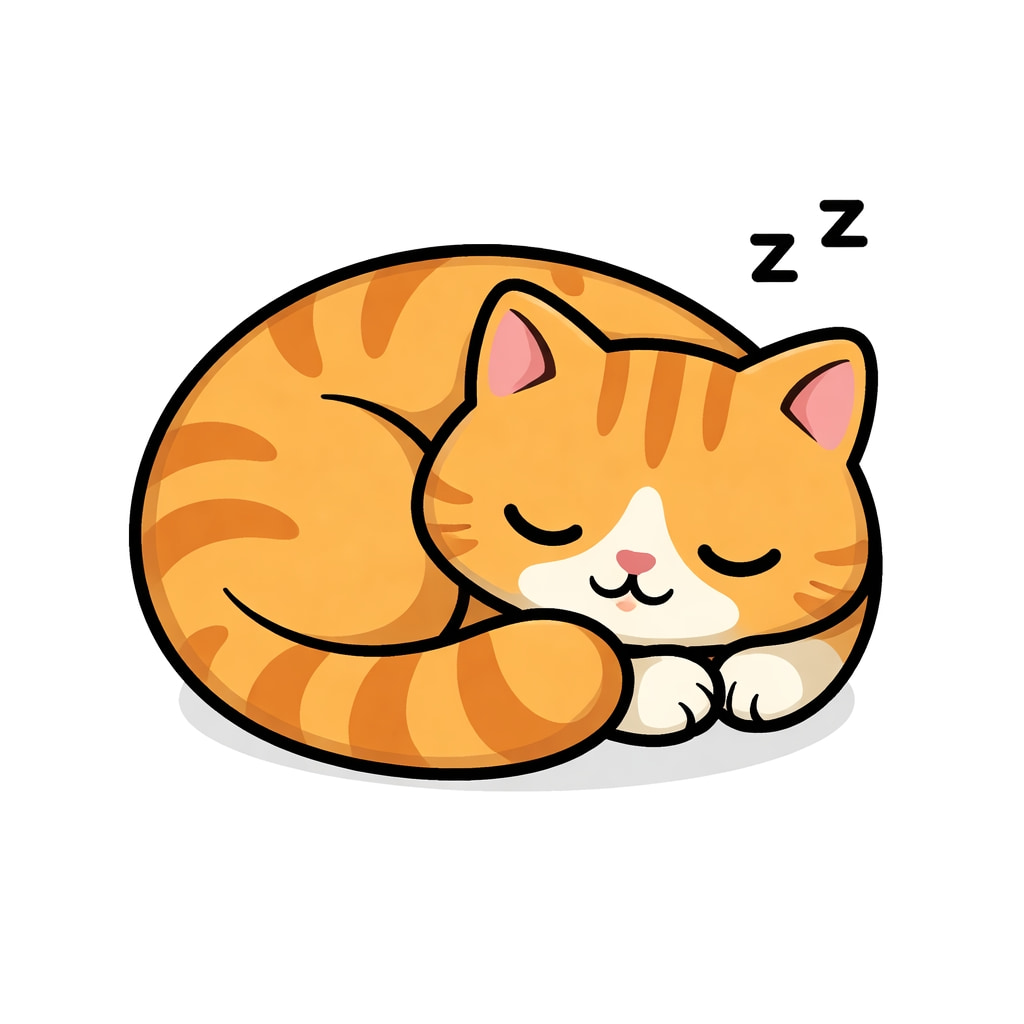 「くるんと丸まってすやすや夢の中…見てるだけで癒される、やさしい時間が流れるおやすみネコさん🐾✨」A flat design illustration of a sleeping orange tabby cat curled into a ball, with thick outlines on a pure white background. 白い背景に、太い線で描かれた丸くなって眠るオレンジ色のトラ猫のフラットデザインイラス