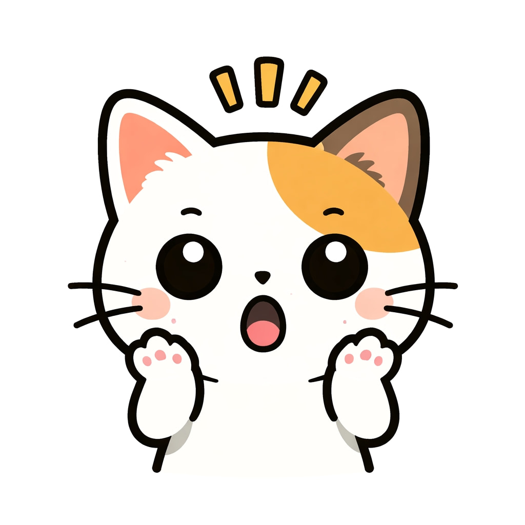 「びっくり顔が止まらない！おめめ全開＆おててピンで驚きを全力表現。シンプルなのに一瞬で伝わる、使いやすさ抜群のリアクション猫です🐾」A surprised cartoon cat with wide open eyes and an “O”-shaped mouth, raising its paws, in a flat design with thick outlines on a pure white background. 大きく見開いた目と「O」字の口で驚き、前足を上げた猫のフラットデザイン。太い輪郭線、白背景