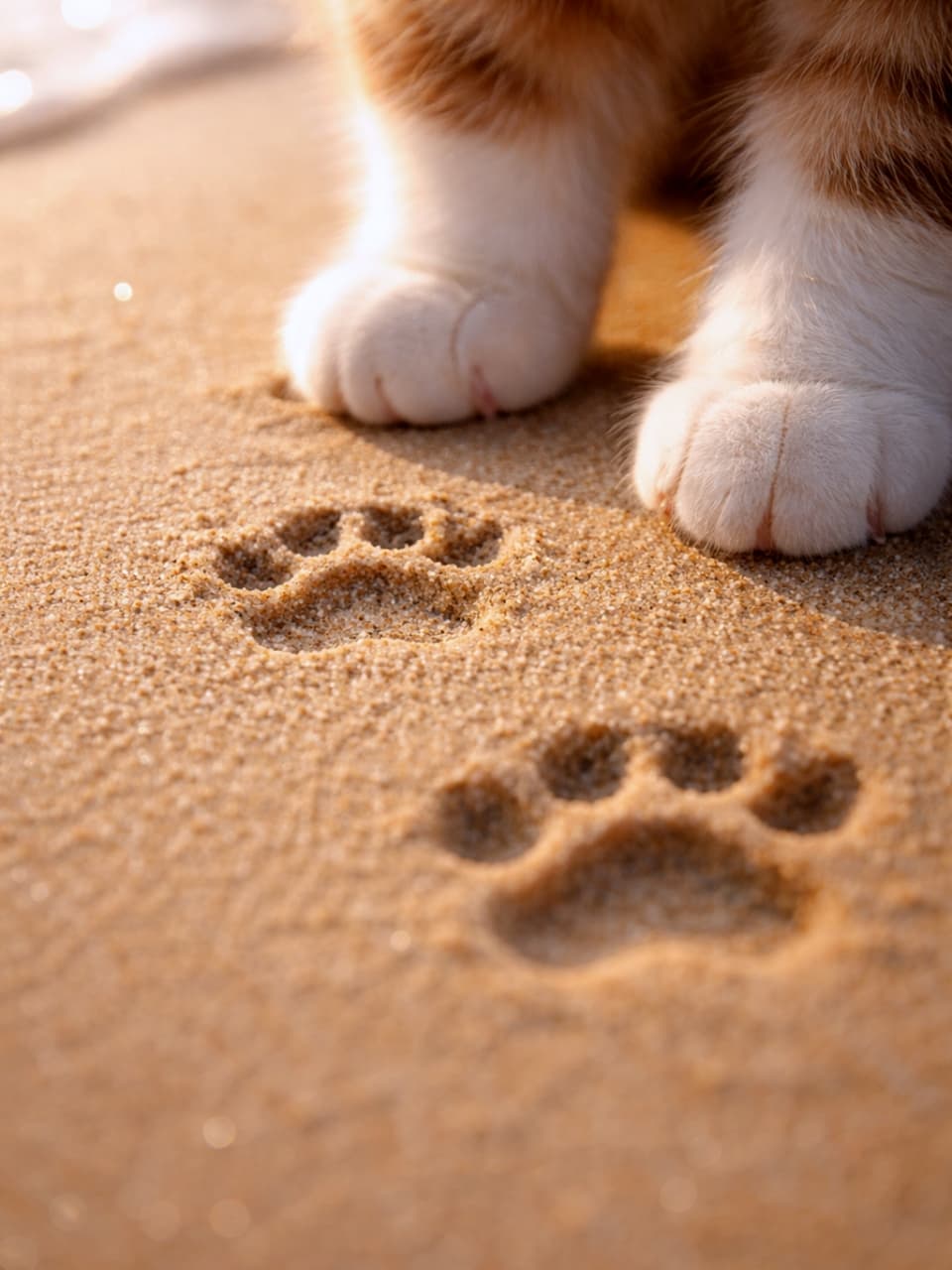 「砂浜にてくてく🐾可愛い足跡とモフモフのおててに、思わずニヤニヤしちゃいますね🥰🏖️」Ultra-realistic high-quality close-up photograph of a cat's fluffy white paws standing on a sandy beach at sunset, with perfectly shaped paw prints left in the sand in front of them. 夕暮れ時の柔らかな光に照らされた砂浜に、くっきりと残された猫の肉球の足跡。そのすぐ後ろには、ふかふかの白い足先を持つ茶白猫の前足が立っている様子をクローズアップで捉えた超高画質写真