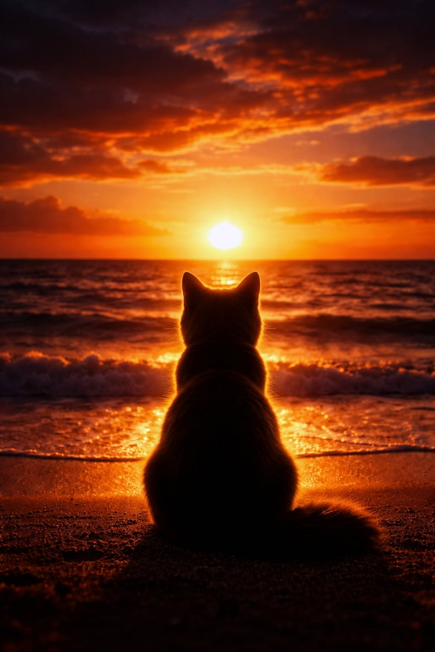 「夕焼けの海をじっと見つめる猫の後ろ姿。静かな時間とドラマチックな光が重なって、なんだか物語が始まりそうな一枚です🐾」A silhouette of a cat seen from behind, sitting on a beach and gazing at a glowing sunset over the ocean, with cinematic lighting and a warm, dramatic sky. 海辺に座り、夕焼けに染まる水平線を見つめる猫の後ろ姿のシルエット。シネマティックな光と温かみのある空が印象的